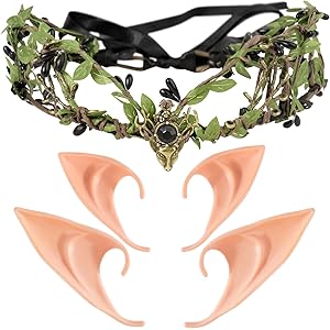 Bandeau Couronne Elfe Avec Oreilles | Lot : 1 Diadème Feuilles Strass + 2 Paires D'oreilles | Pour Déguisement, Cosplay, Fête (Halloween, Carnaval)