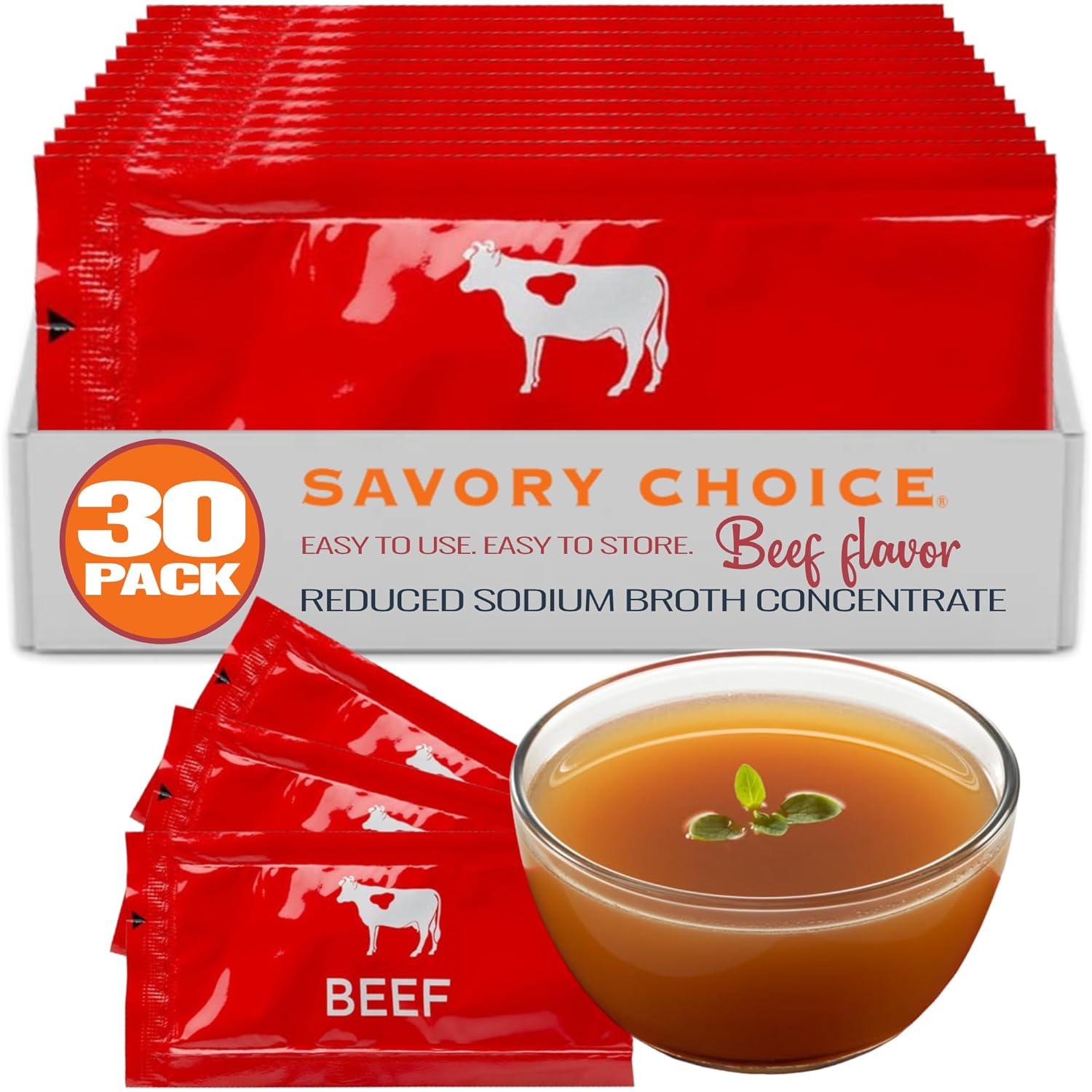 SAVORY CHOICE Reduced Sodium Beef Broth Concentrate, 30 Packets (9.6g) - Gluten-Free, Diary-Free Broth Concentrate