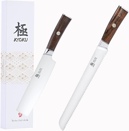 KYOKU Daimyo Series - Cuchillo Nakiri de 7 pulgadas + cuchillo de pan de 10 pulgadas, acero inoxidable japonés 440C, mango de palisandro
