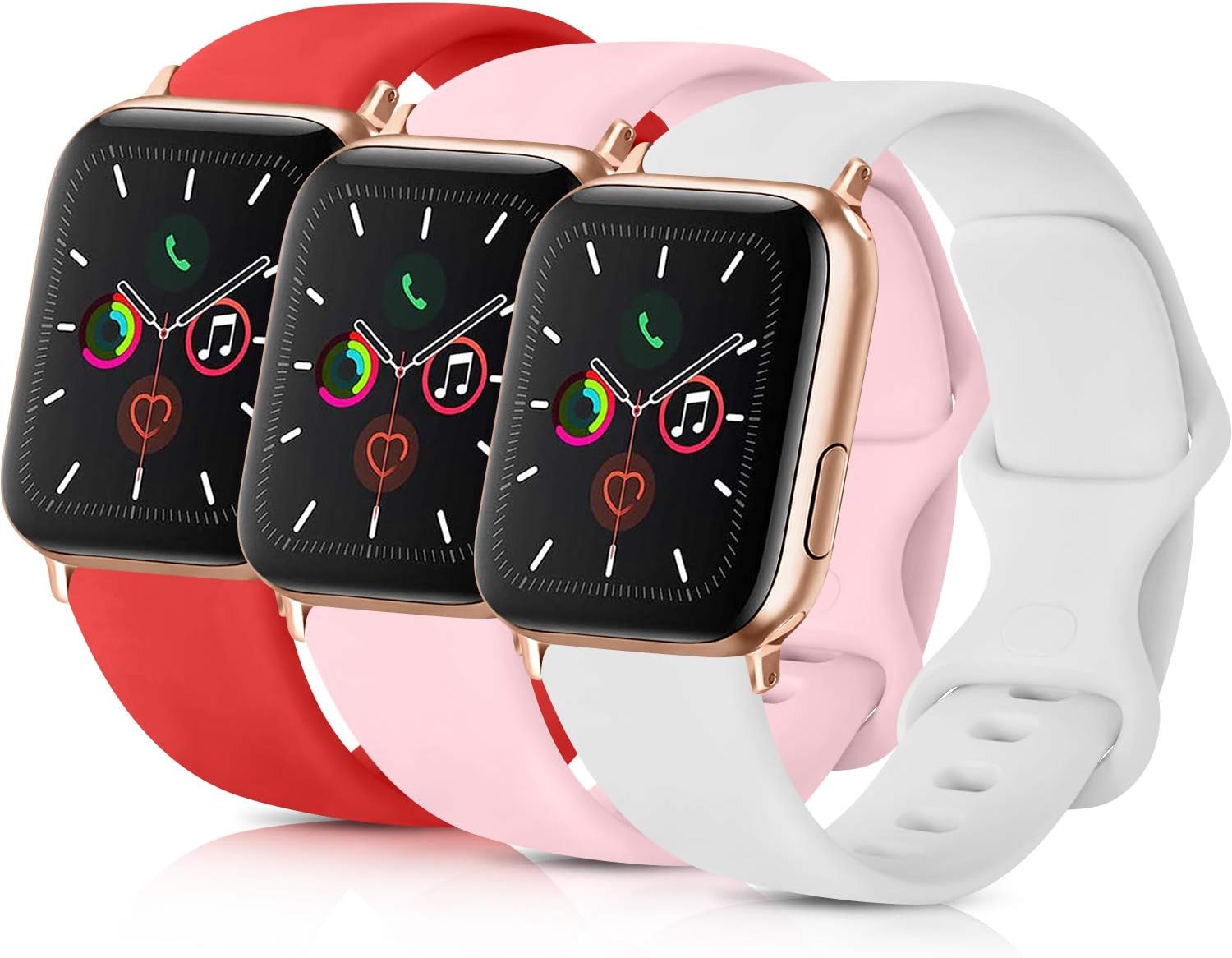 Pack 3 Compatible with Apple Watch Band for Men, Soft Silicone Band Compatible iWatch Series 4, Series 3, Series 2, Series 1 (Orange Red/Pink/White, 42mm/44mm-S/M)