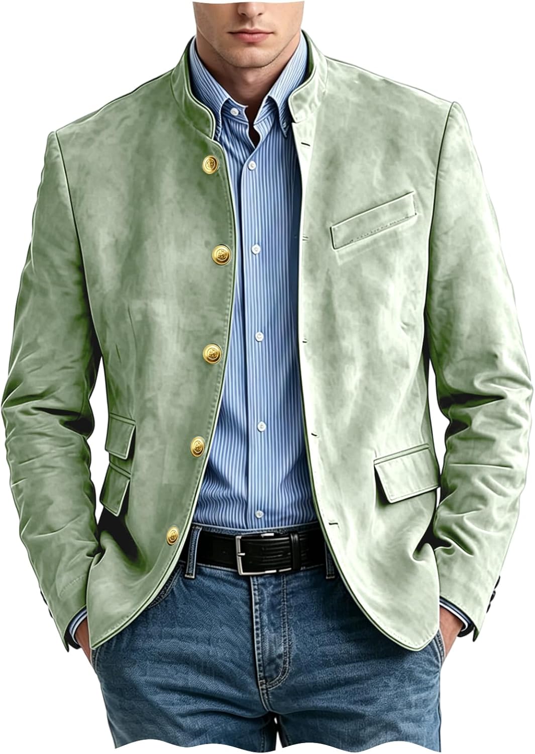 Men's Suede Blazer Stand Collar Slim Fit Vintage Sport Coat with Gold Buttons Business Casual Jacket