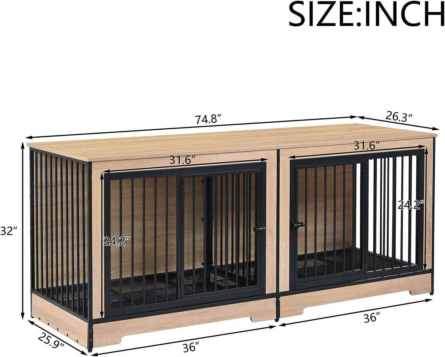 Double XL Dog Crate Furniture, Natural Wooden pet Kennel Cabinet with 4 Doors, Dog cage Furniture and Wood tv Stand with Dog Storage (75inch Natural)