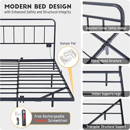 Miniatura 3 de Marco de cama de plataforma flotante tamaño queen con luces LED y estación de carga - Incluye destornillador eléctrico para el montaje, sujetadores