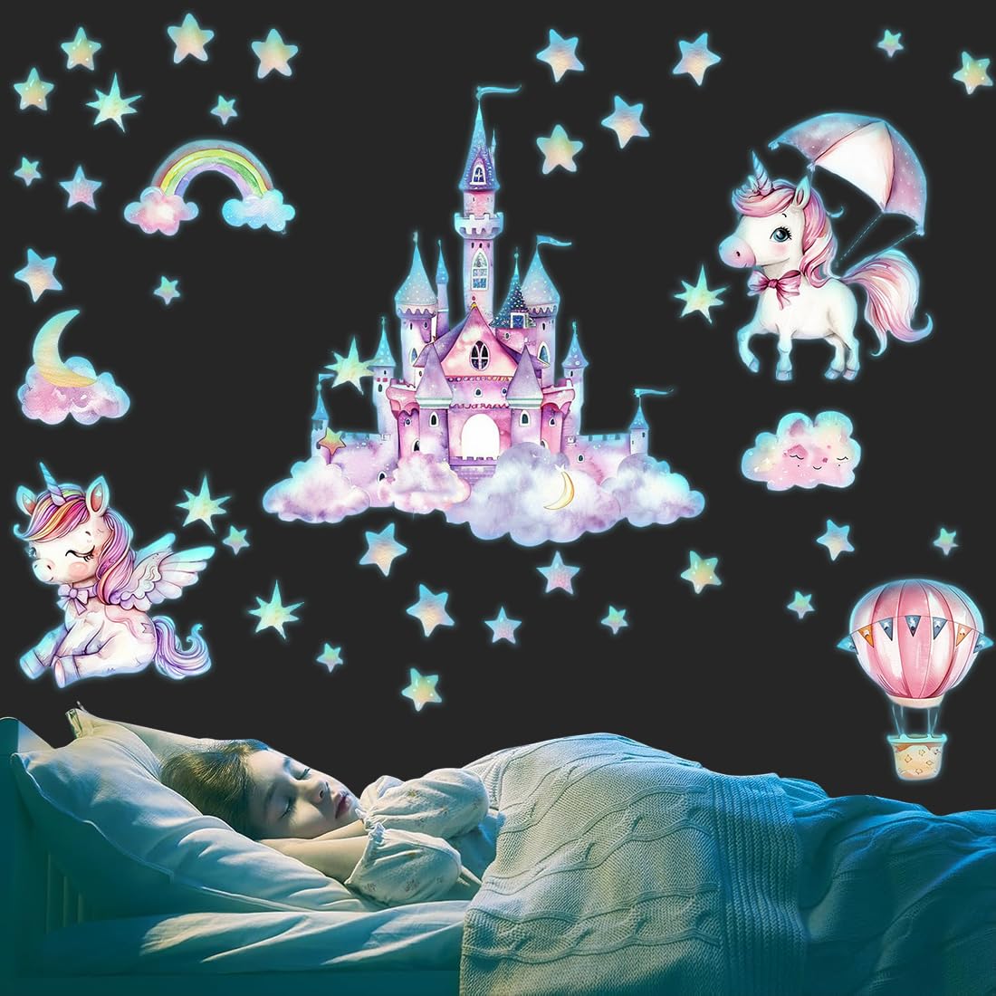 Adesivi da Parete Fluorescenti Unicorno Arcobaleno Luminoso Murali Bambini Farfalle Mongolfiera Stella Decorazione Murale