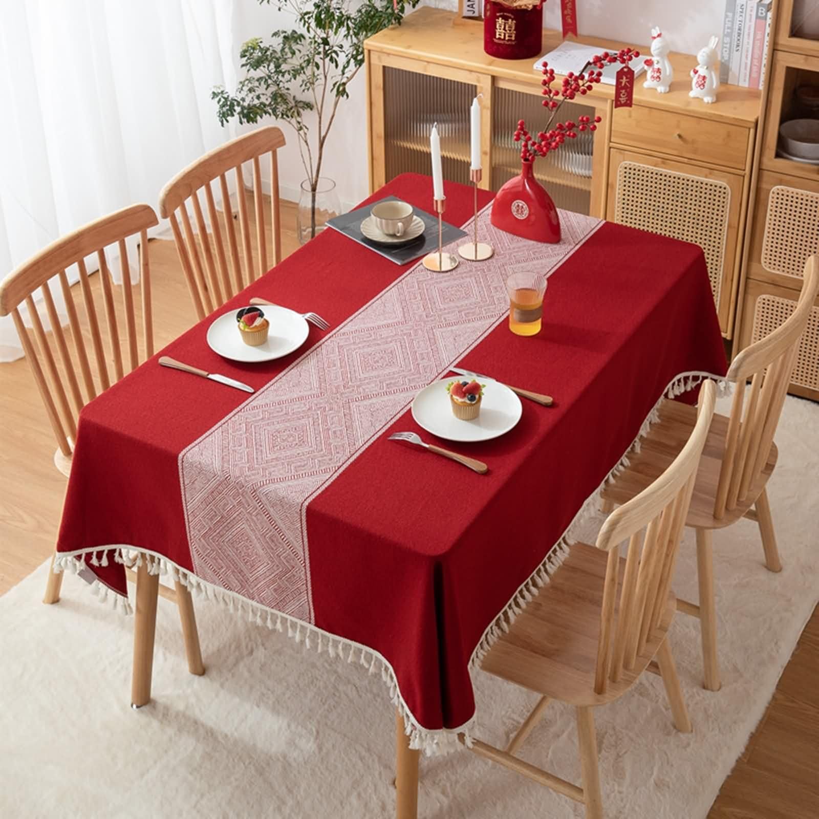 Mantel Lavable Rectangular Rojo Mesa, Patrón de Geométrico con Borlas, de Poliéster Fácil de Limpiar, 140 x 220 cm, Mantel para Restaurante