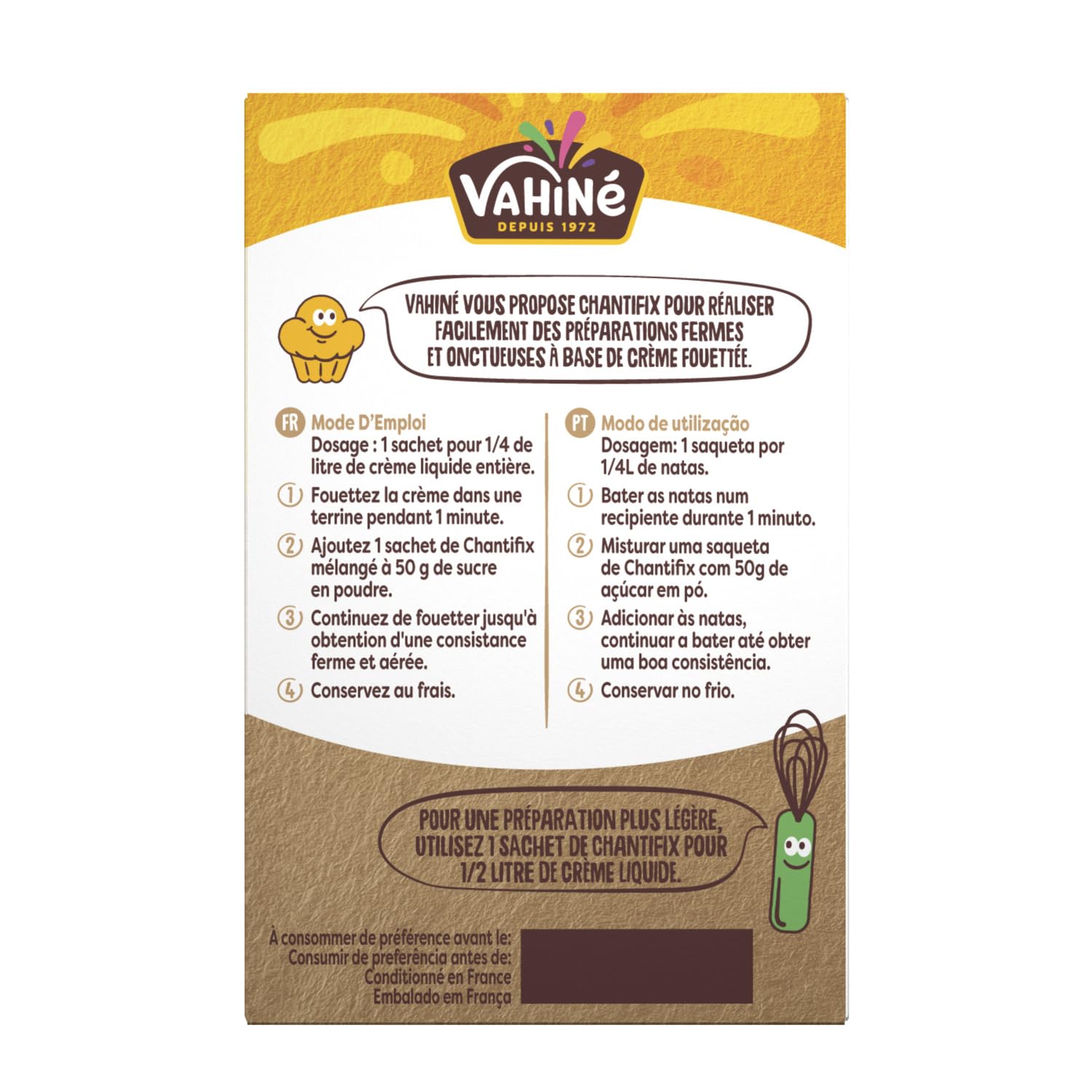 VAHINE Chantifix Ferme et Onctueuse - 6 sachets de 6,5g pour crème chantilly maison prête en 5 minutes - Lot de 4