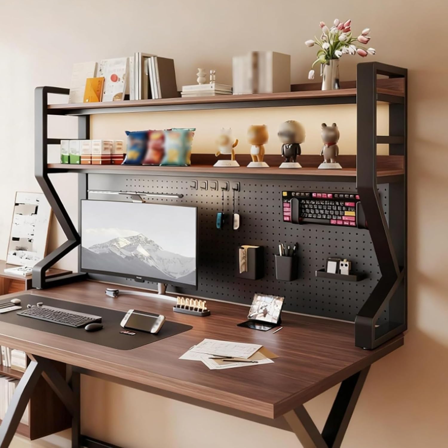 Desk Shelf Organizer with Pegboard & Accessories, 2/3 Tier Metal Desk Storage Shelf Space-Saving, Desktop Shelf Organizer Display Rack, for Dorm, Office(Black+Oak,95 * 135cm/37.4 * 53.1in)
