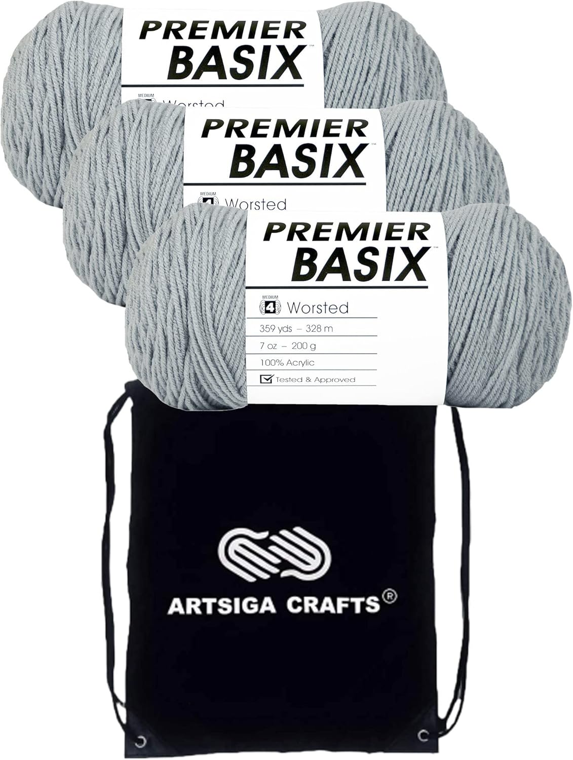 Premier Yarns Basix Light Gray 1115-02 (6-Skeins - Same Dye Lot) Worsted Medium #4 Acrylic Yarn for Crocheting and Knitting with Project Bag