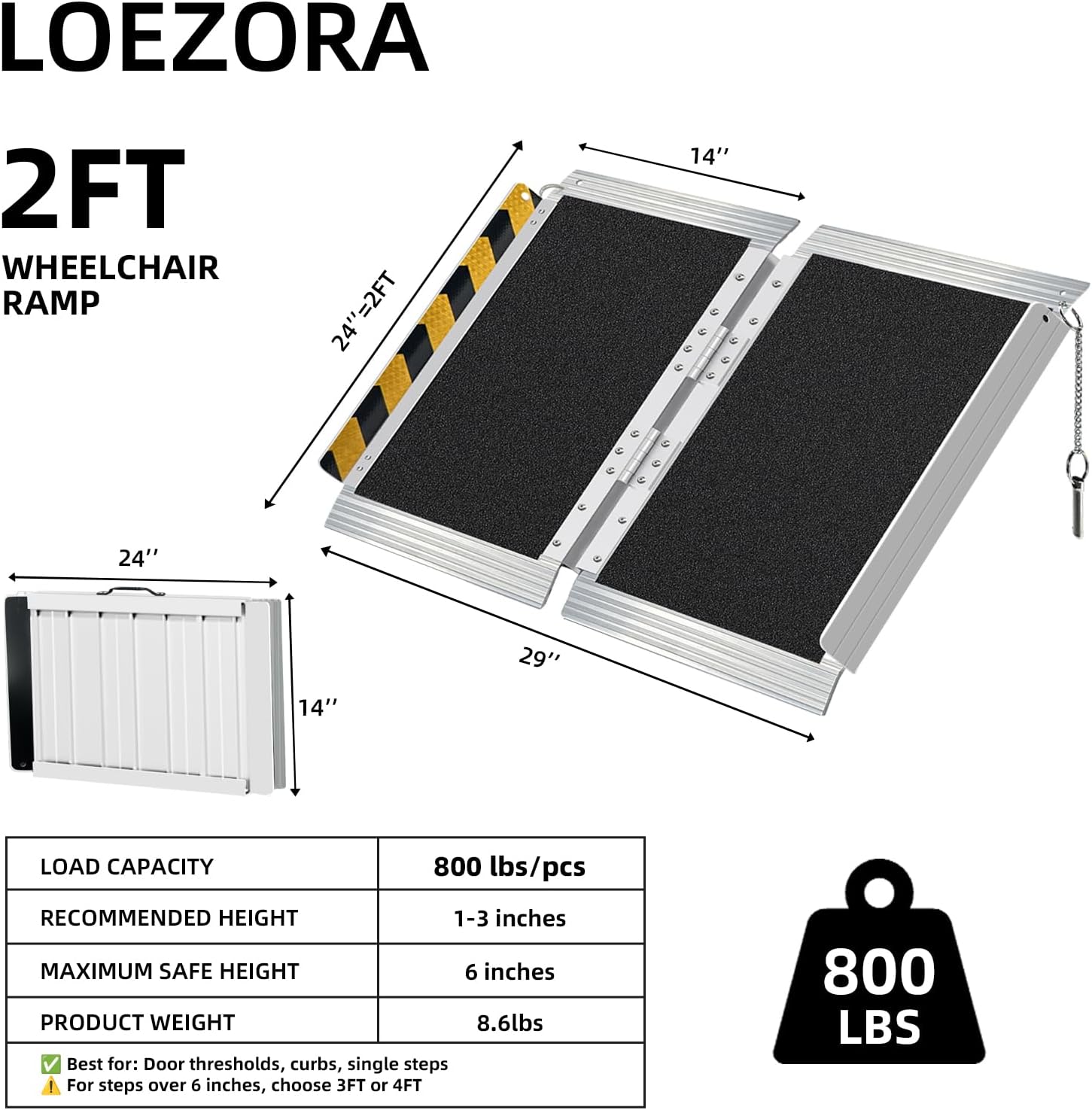 2FT Wheelchair Ramp for Door Thresholds & Curbs - Ultra Lightweight 8.6 lbs, Portable Foldable Design, 800 lbs Capacity, Non-Slip Surface, Recommended for 1-3 Inch Steps
