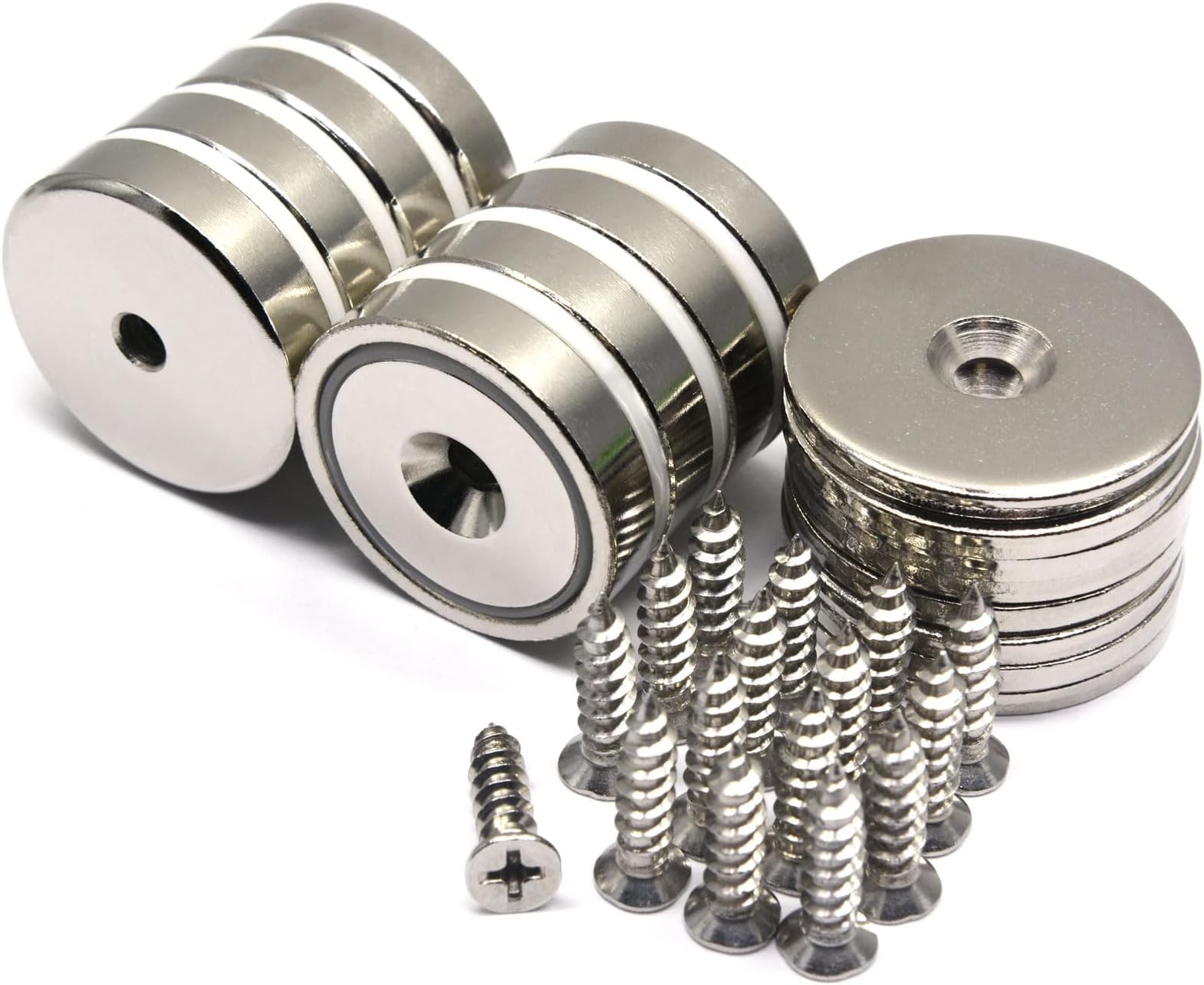 145 LB Holding Power Strong Cup Neodymium Magnets 0.32" Thick x 1.57" with #10 Countersunk Hole - Eight Cup Magnets with Matching Strikers and Screws