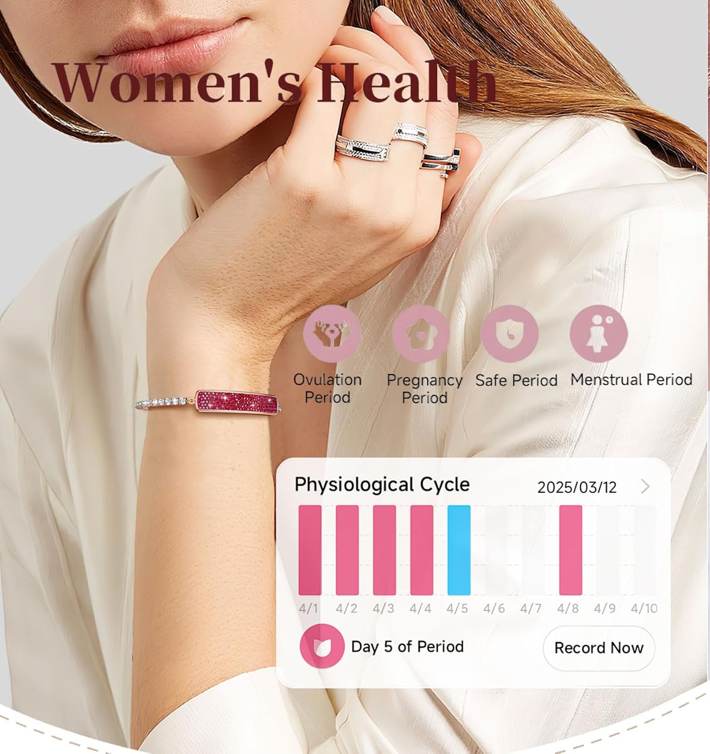 Smart Bracelet Fitness Tracker for Women Screen-Free Elegant Jewelry Design 24/7 Heart Rate & Sleep Monitor Cycle Tracker IP68 Waterproof Activity Tracker with Step Counter Calorie Distance App Sync