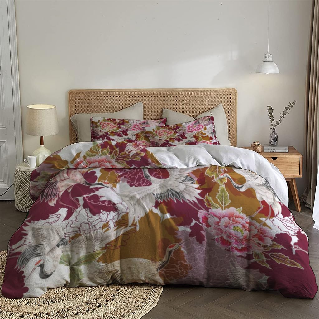 NIBAINLO 布団カバー日本の白鶴と菊 肌に優しい ピーチスキン加工 掛け布団カバー 和式 洋式 あったか 布団カバーセット リバーシブル ホームステイ ホテル 家庭兼用