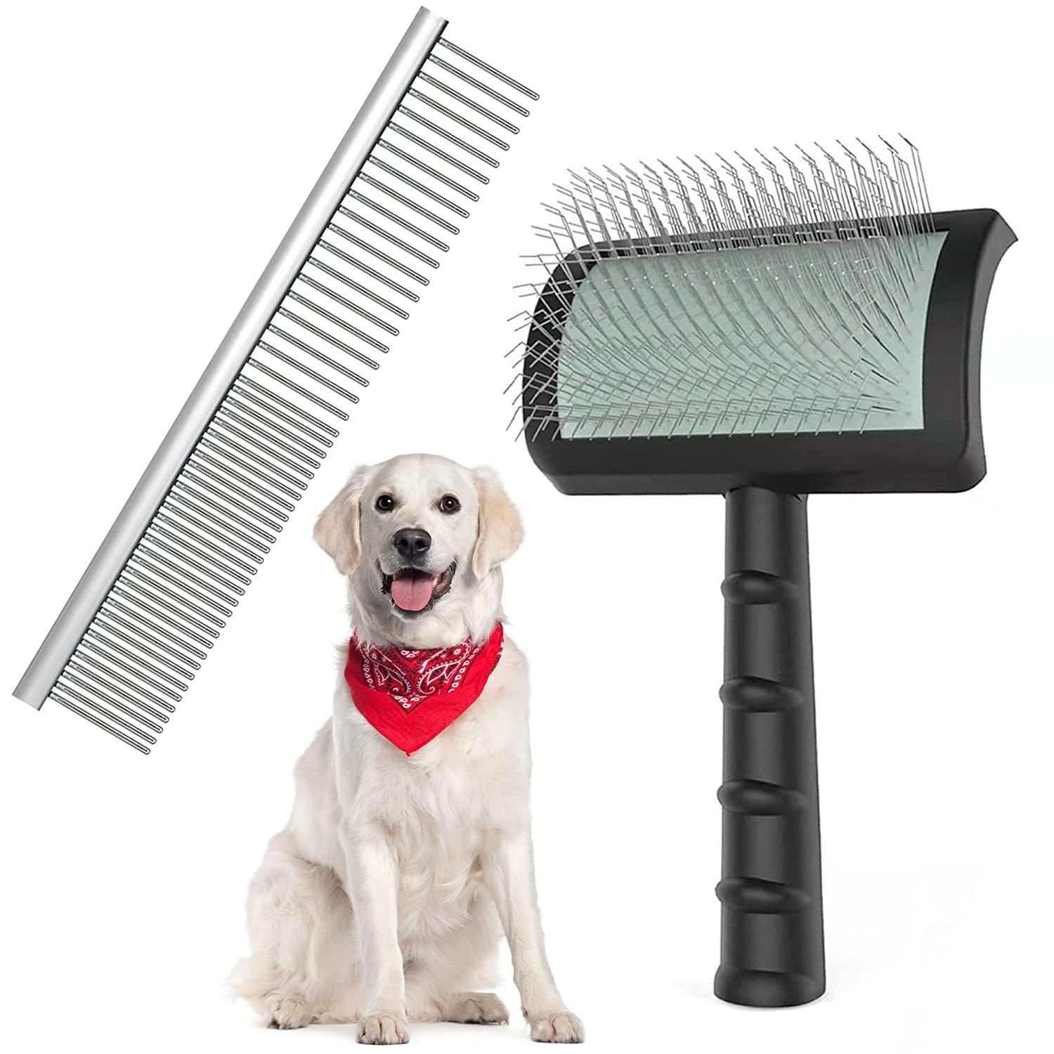 2PCS Slicker Brush for Dogs & Pet Comb, Professional Dog Grooming Brush with Extra Long Pins to Effectively Remove Tangles
