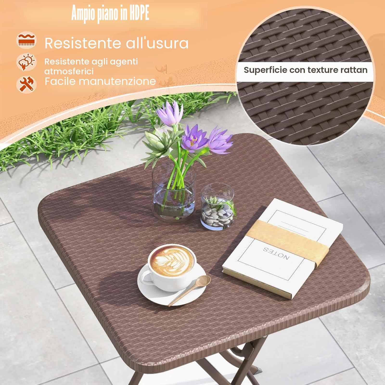 LIFEZEAL Tavolo pieghevole in rattan, tavolino quadrato da 60 cm per esterno con telaio metallico, tavolo portatile da picnic per campeggio