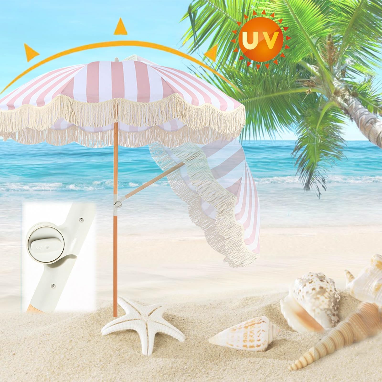 Sombrilla Playa Grande Con Borlas Rosa Sombrilla De Playa Portátil Hawaiano Parasol Jardin Inclinable 2m Sombrilla Terraza Exterior Sombrilla Jardín Impermeable Anti UV