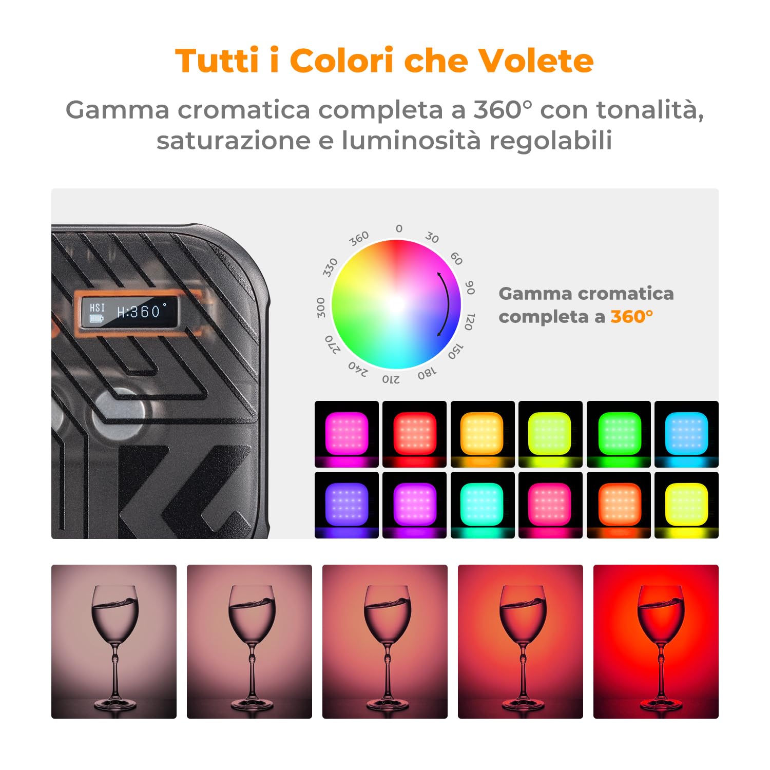 K&F CONCEPT Luz de Vídeo RGB 360° 2500K-9900K para Fotografía | 60 LED, 21 efectos luz, CRI 96+, batería 2000mAh, mini portable, vlogging selfie, negro, L01