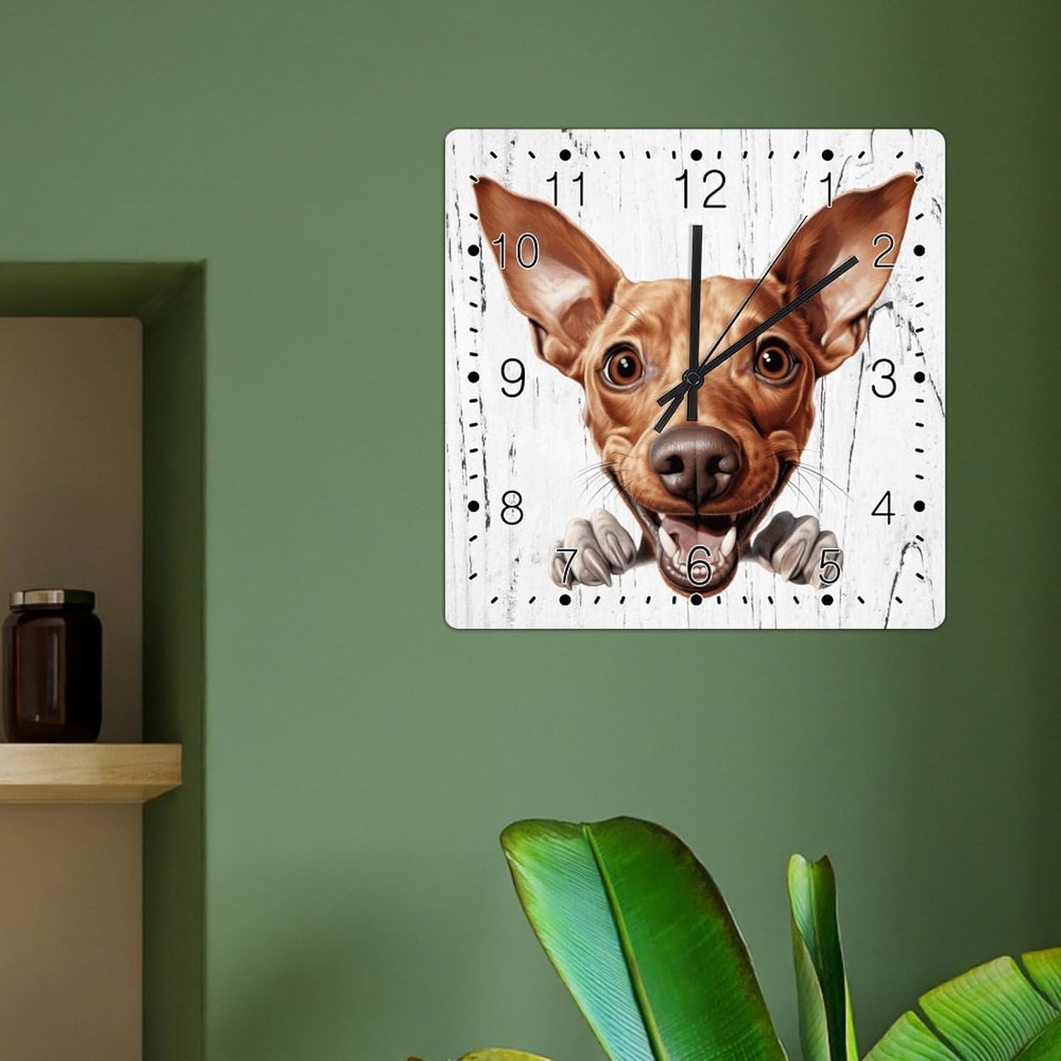 Cirneco Dell’Etna Cute Funny Peeking Dog Puppy Clocks Cirneco Dell’Etna Wall Clocks Battery Operated Square Clocks Pet Memorial Decorative Wall Clock for Bathroom Bedroom 12x12in