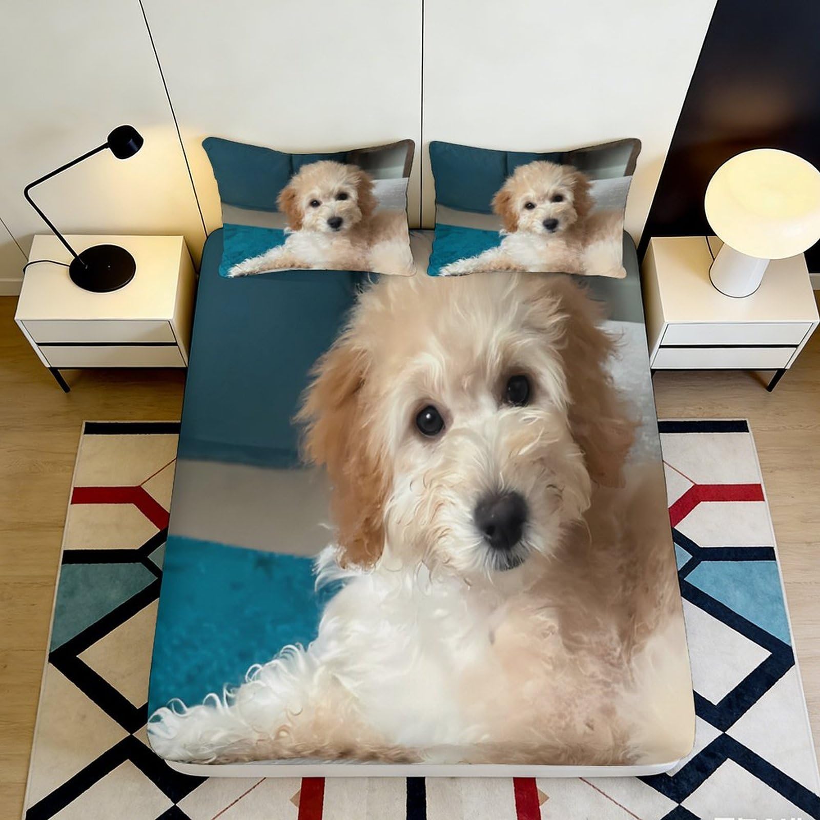 3D Printed Fluffy Dog Fitted Sheet Microfiber Soft Breathable Puppy Bed Cover for Bedroom Guest Room Decor Mattress Protection 90x200x25cm