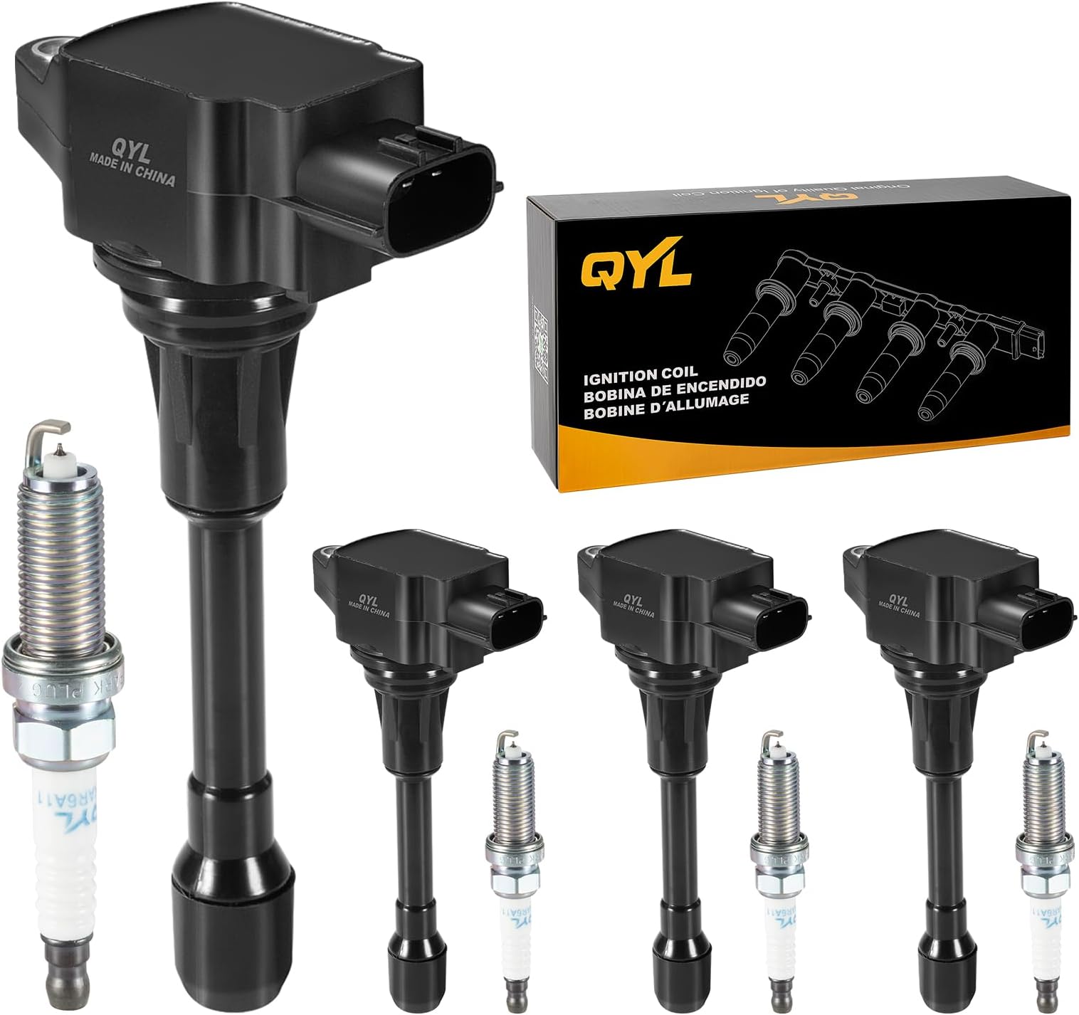 QYL Set of 4 Ignition Coil UF549 & Iridium Spark Plugs 9029 Compatible with 2007-2014 Nissan Altima Versa Sentra Rogue Cube QX60 NV200 2.5L 2.0L 1.8L 1.6L