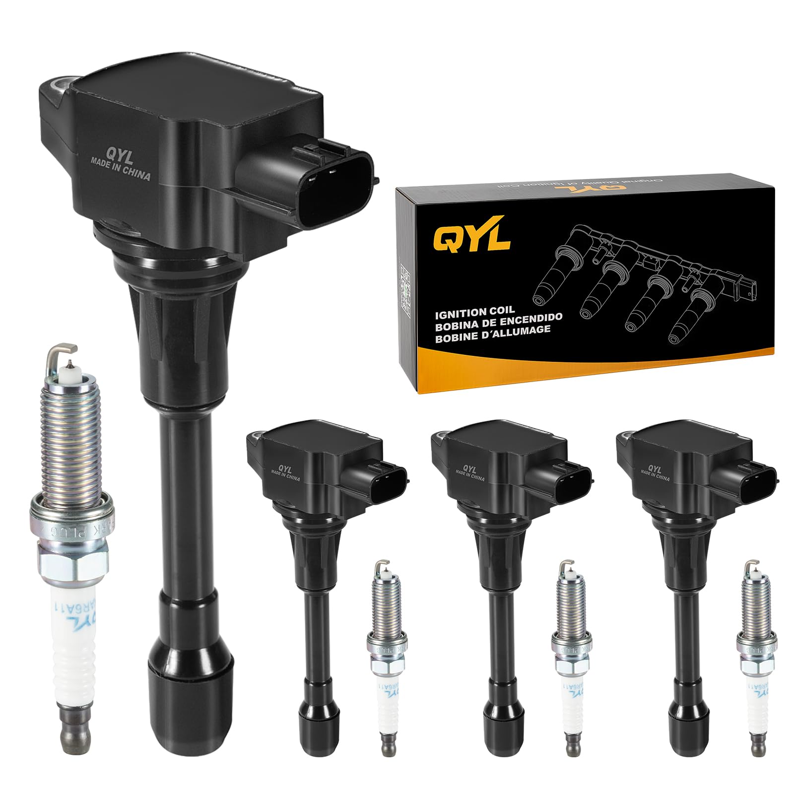 QYL Set of 4 Ignition Coil UF549 & Iridium Spark Plugs 9029 Compatible with 2007-2014 Nissan Altima Versa Sentra Rogue Cube QX60 NV200 2.5L 2.0L 1.8L 1.6L