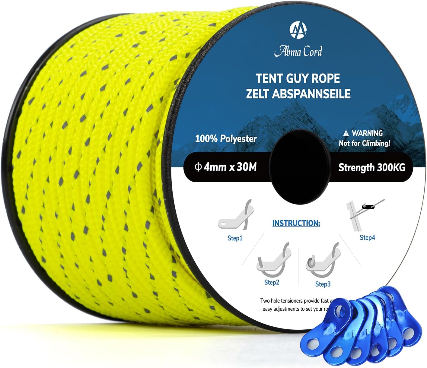 Abma Cord Abspannseile Zeltschnur mit 6 Stück Seilspanner 4mm 30M Zeltseil für Camping, Zelte, Sonnensegel, Vorzelt - Reflektierende Neon Gelb