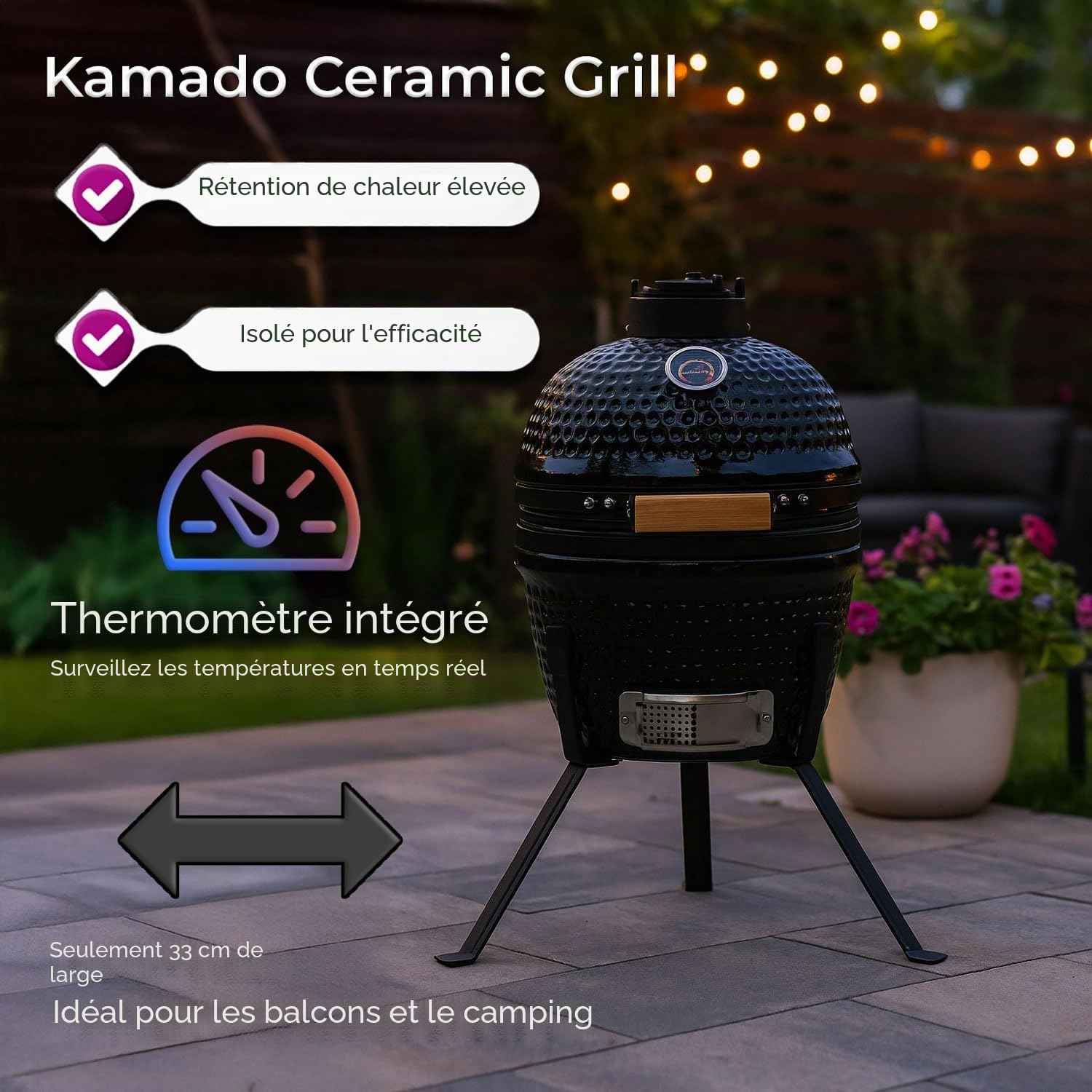 Neo Kamado - Mini barbecue en céramique de 33 cm, fumoir pour œufs et charbon, four portable et fumoir avec support