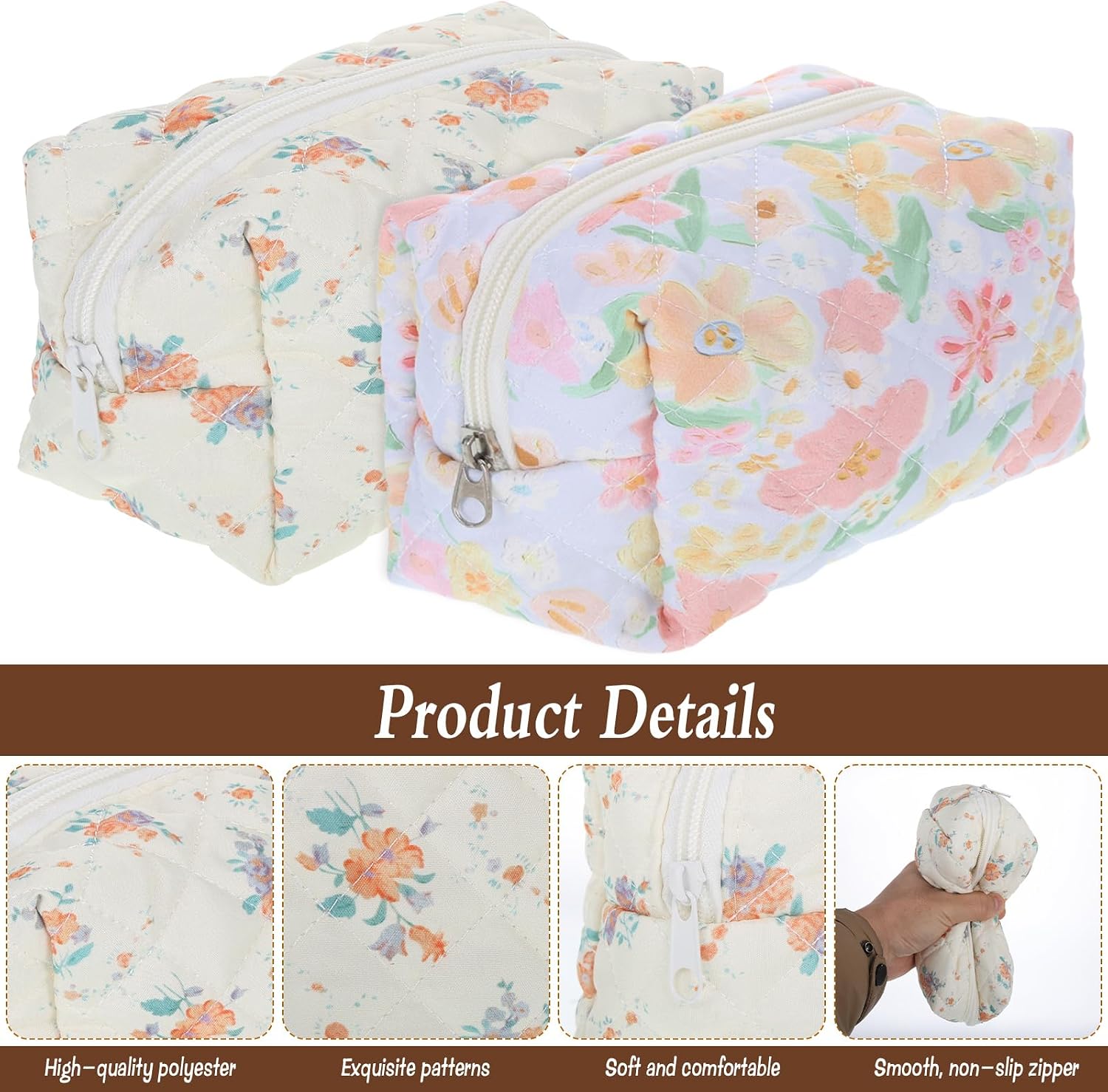 12 Packs Quilted Makeup Bag, Flower Theme, Cute Cotton Cosmetic Pouch, Christmas Bridesmaid Gifts, Travel Toiletry Bag Aesthetic