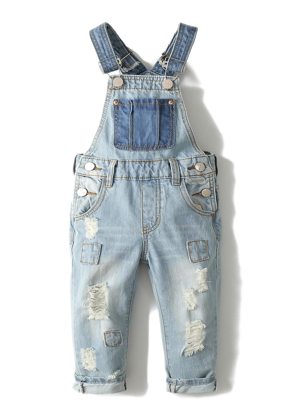 KIDSCOOL SPACE Little Girl Boy Jean Overalls, Toddler Ripped Denim Overall Pants, Light Blue, 5-6 Years