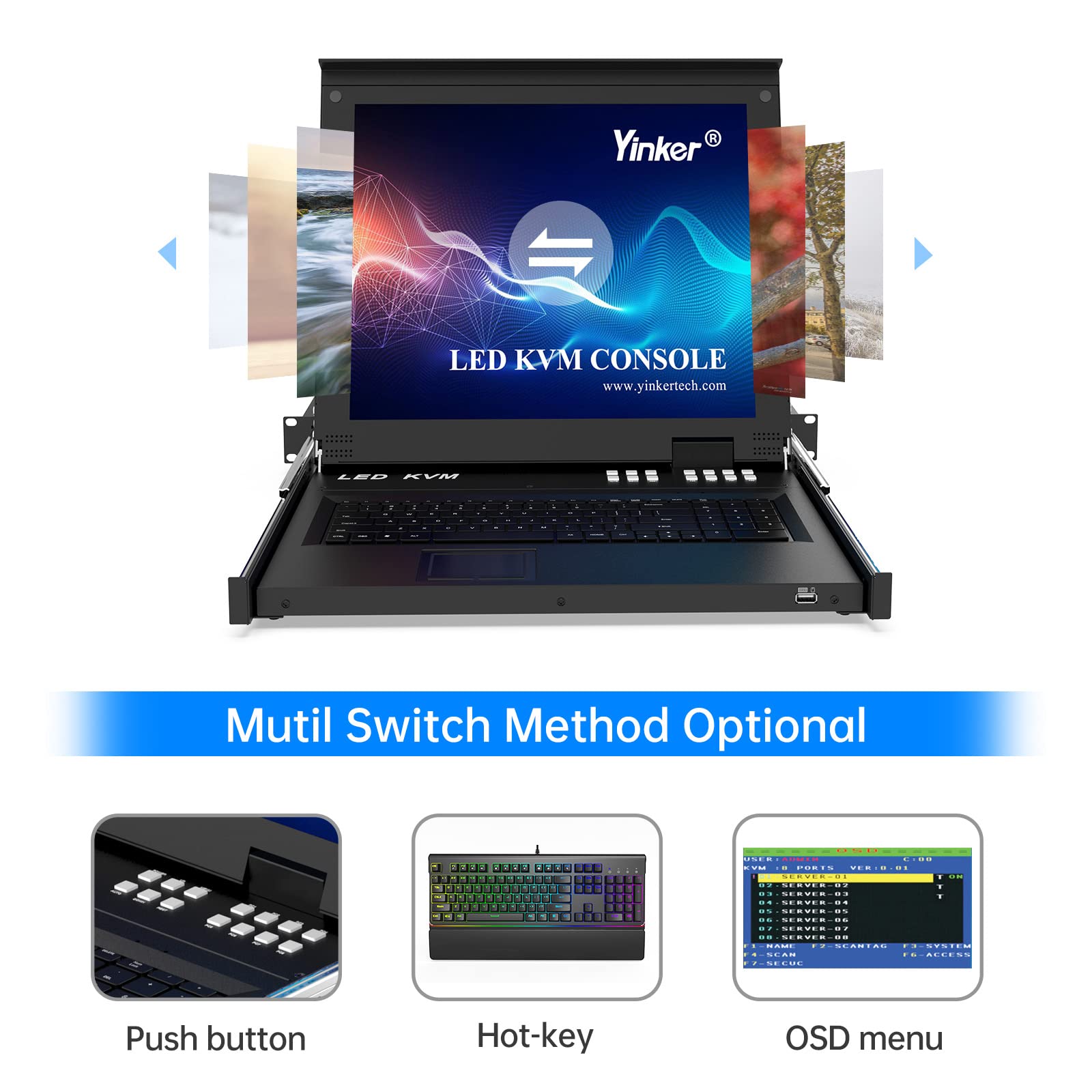 Consola KVM LCD de 17 pulgadas, 8 puertos, VGA, montaje en rack, conmutador KVM, 8 puertos, para armario estándar 1HE de 19 pulgadas, 600 mm - 800 mm, Touchpad Hotkey OSD