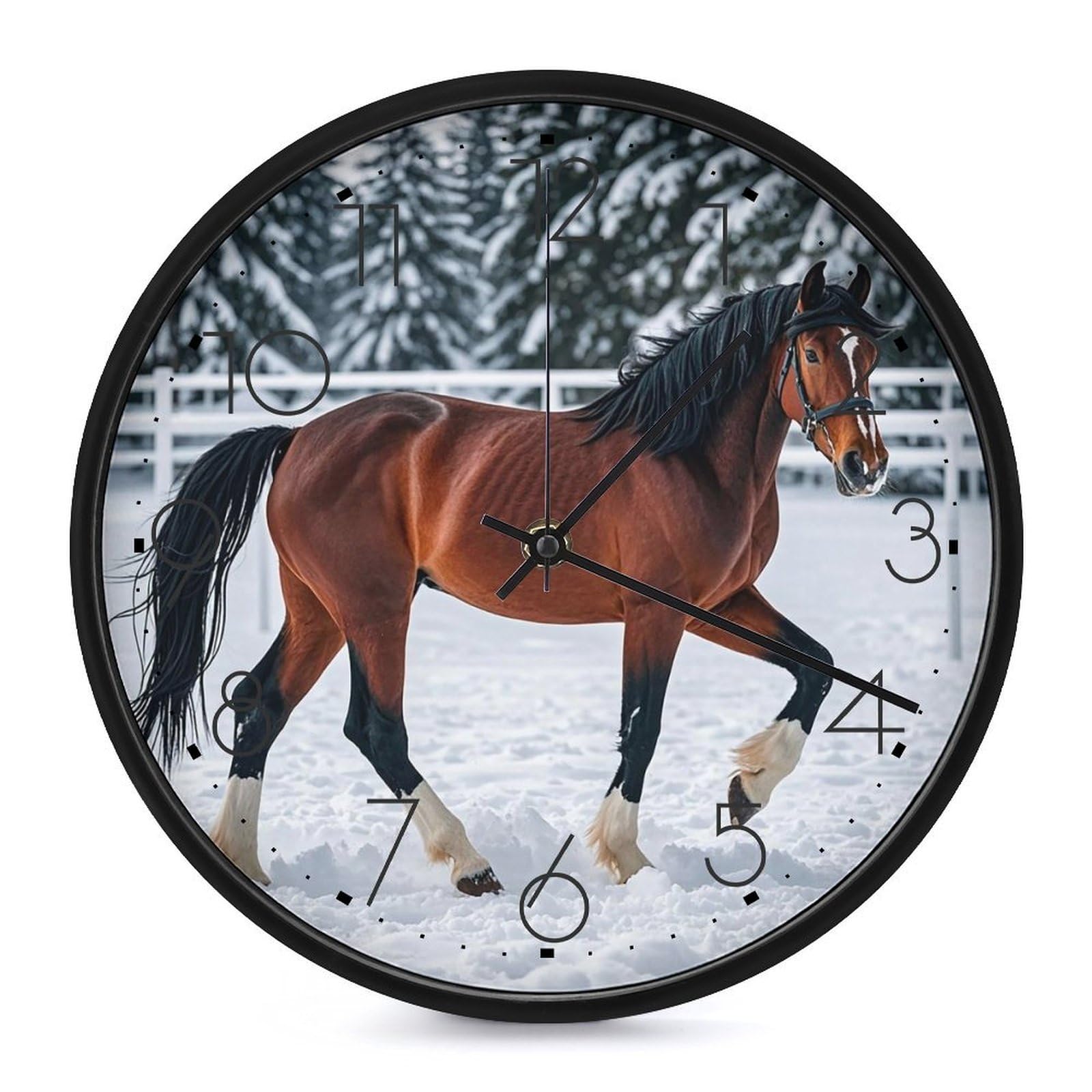 Horloge d'hiver pour salon ambiance nature et chevaux sportifs