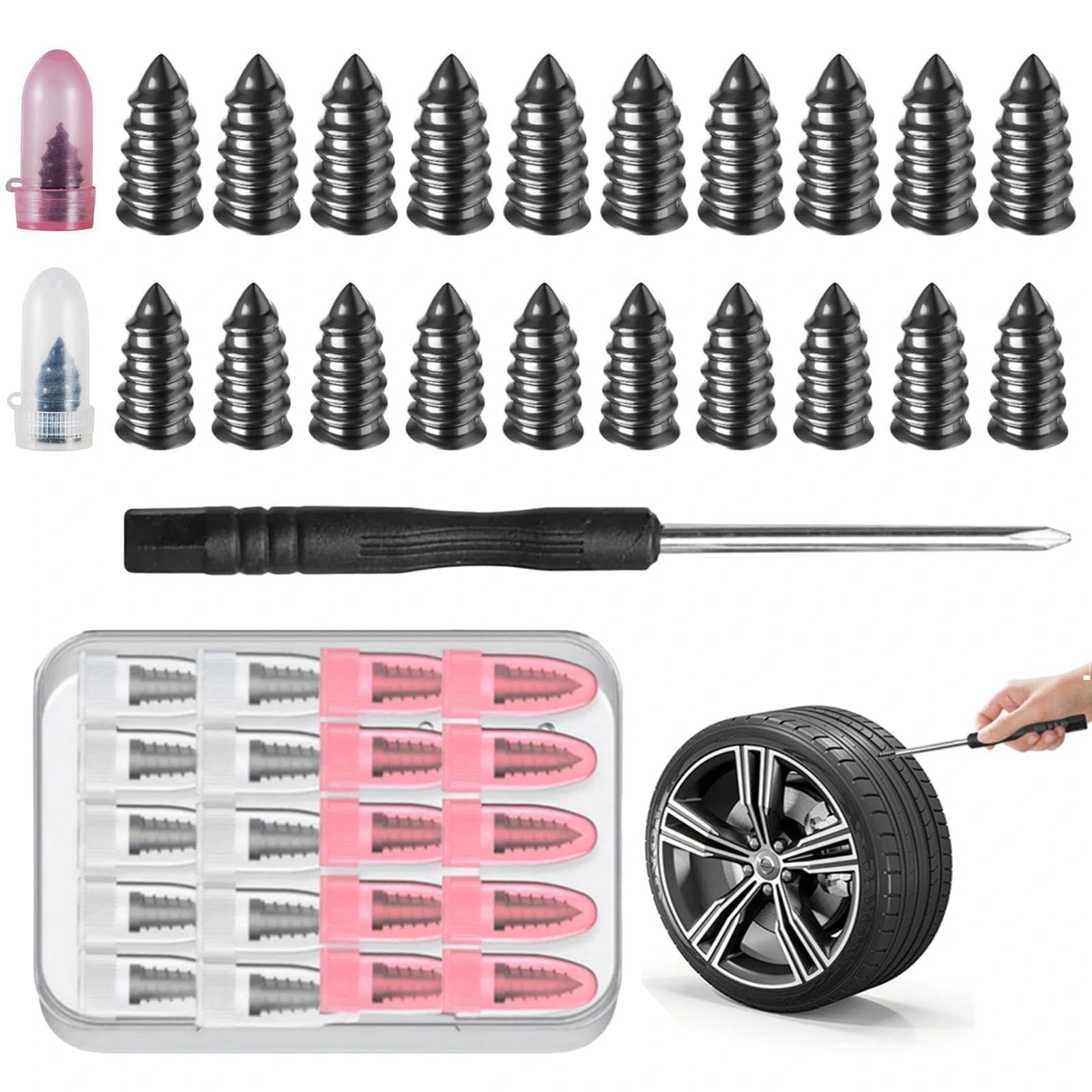 VOOSFSIE 20 Piezas Repara Pinchazos Coche, 2 Dimensiones Clavo de Goma para Neumáticos, Con Caja y Destornillador, Clavos de Reparación de Neumáticos al Vacío, para Automóvil Motocicleta Camión