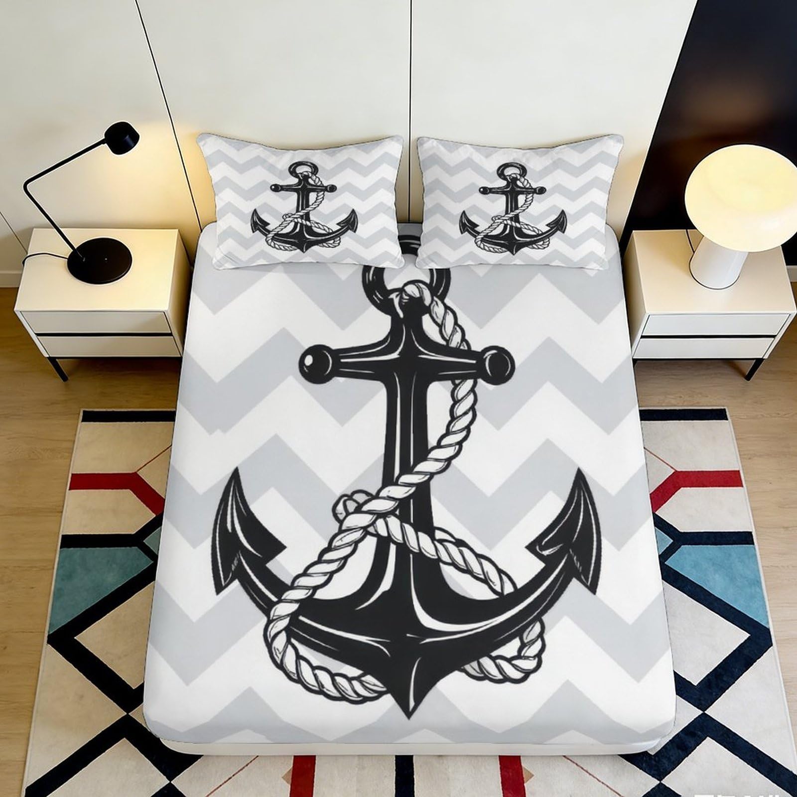 3D Printed Anchor Pattern Fitted Sheet Microfiber Deep Pocket Non-Slip Nautical Mattress Fitted Cover for Bedroom 120x200x25cm