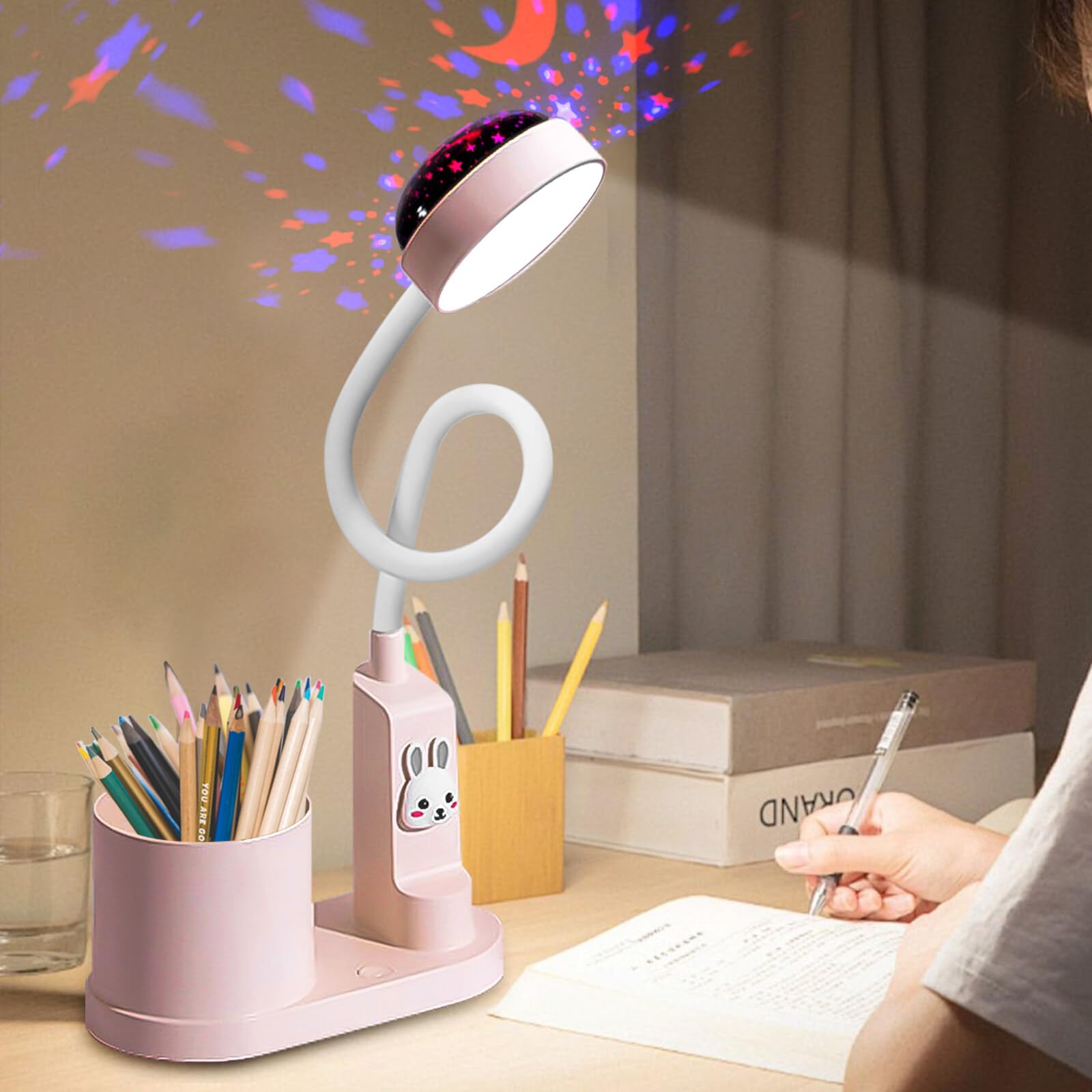 Lampada Da Scrivania Bambini Ricaricabile Con Proiettore Stellare - LED Dimmerabile, Portapenne, Rosa - Foto 7