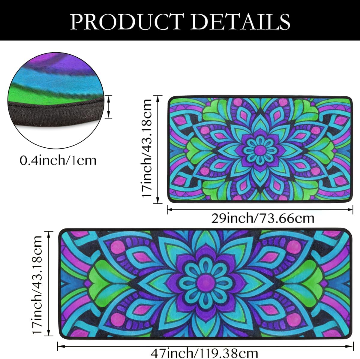 Anti Fatigue Vibrant Mandala Art Kitchen Mats for Floor 2 Piece Set, Waterproof Non Slip Boho Kitchen Floor Rugs, Comfort Standing Mat for Sink Laundry & Home Kitchen 17"x47"+17"x29"