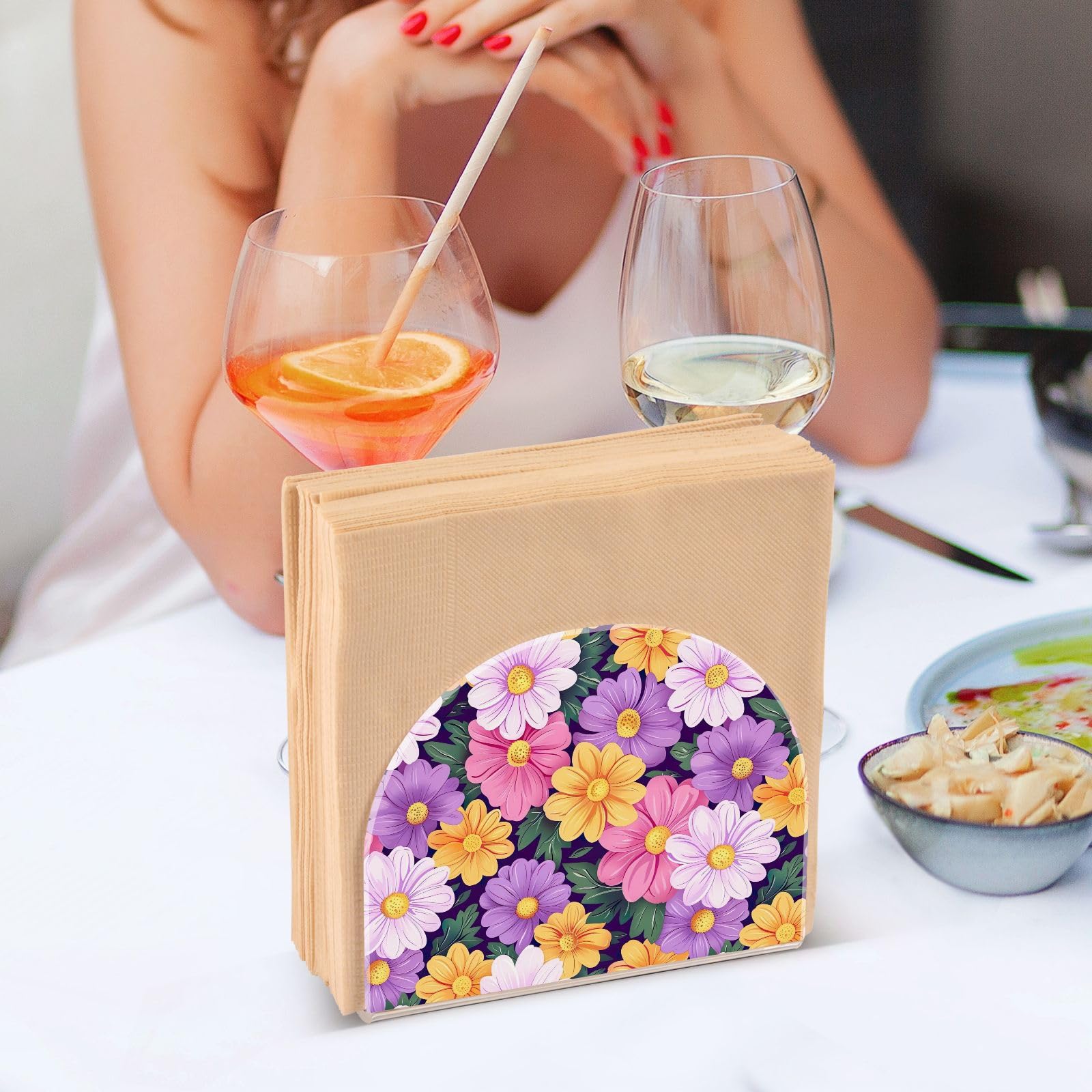 Qilmy Serviettenhalter Aus Acryl – Mit Frühlingsblumen-Motiv, 10,5x12,5x5 Cm, Für Küche & Tischdeko