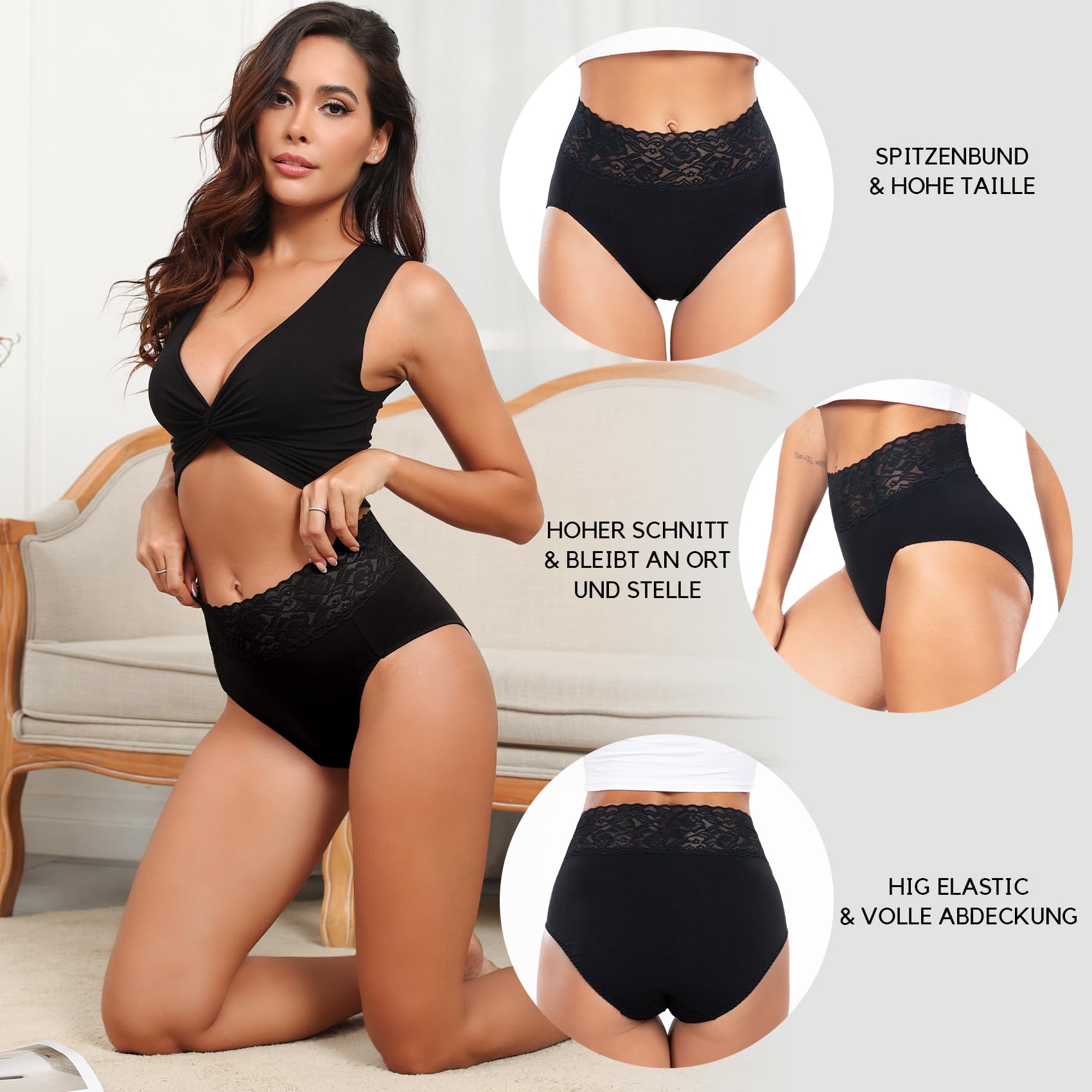Wealurre Culotte Femme Taille Haute Coton Doux Slip pour Femmes Dentelle Élastique sous-Vêtements Lot de 5