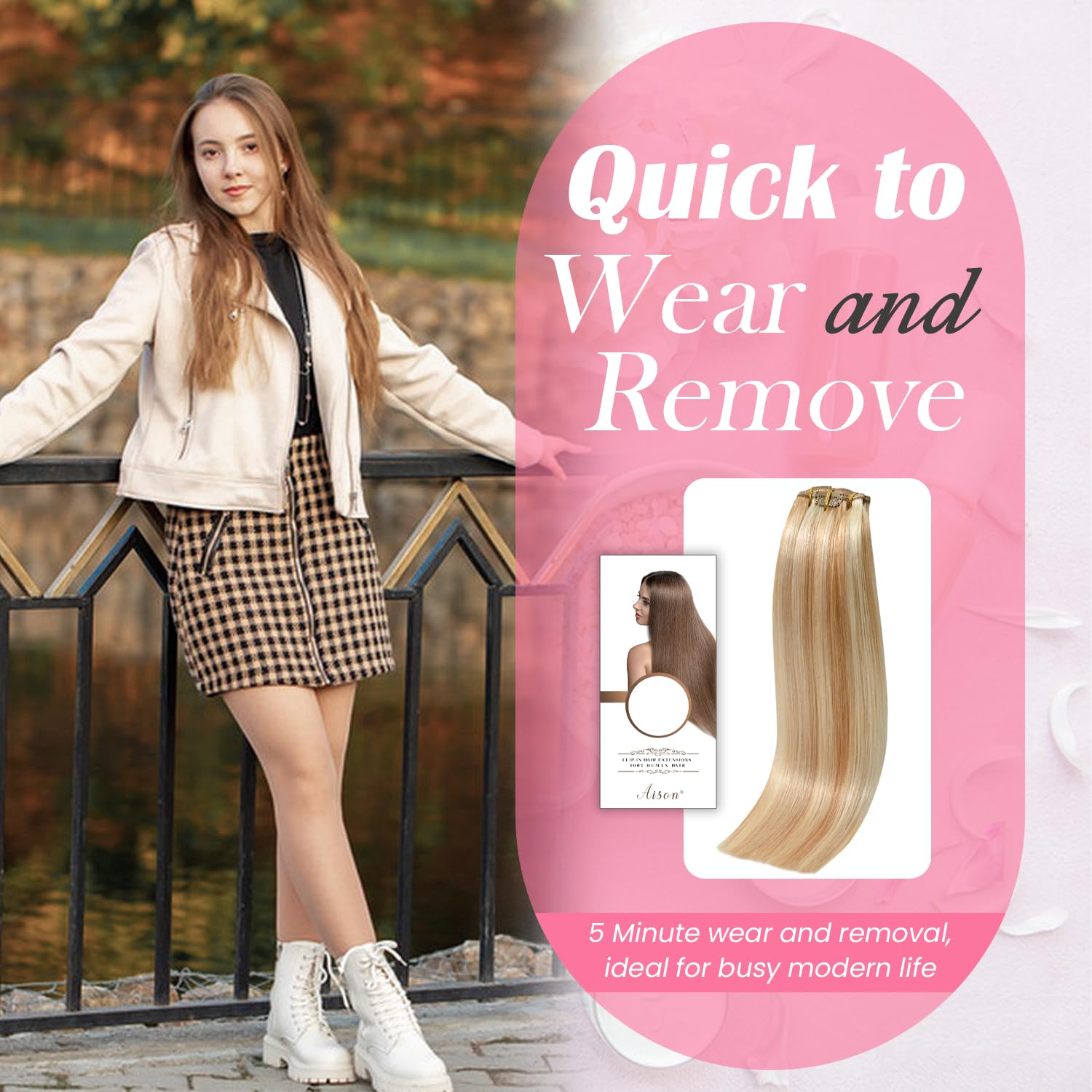 Aison Highlight Strawberry Blonde to Bleach Blonde Clip in Hair Extensions Real Human Hair 18 Inch Straight Double Weft Remy Hair Extensions 75g 7pcs #12p613