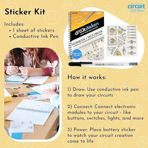 Miniatura 2 de Circuit Scribe Kit de calcomanías | Bolígrafo de tinta conductiva de dibujo de circuitos y 11 módulos de calcomanías electrónicas | Libro de trabajo