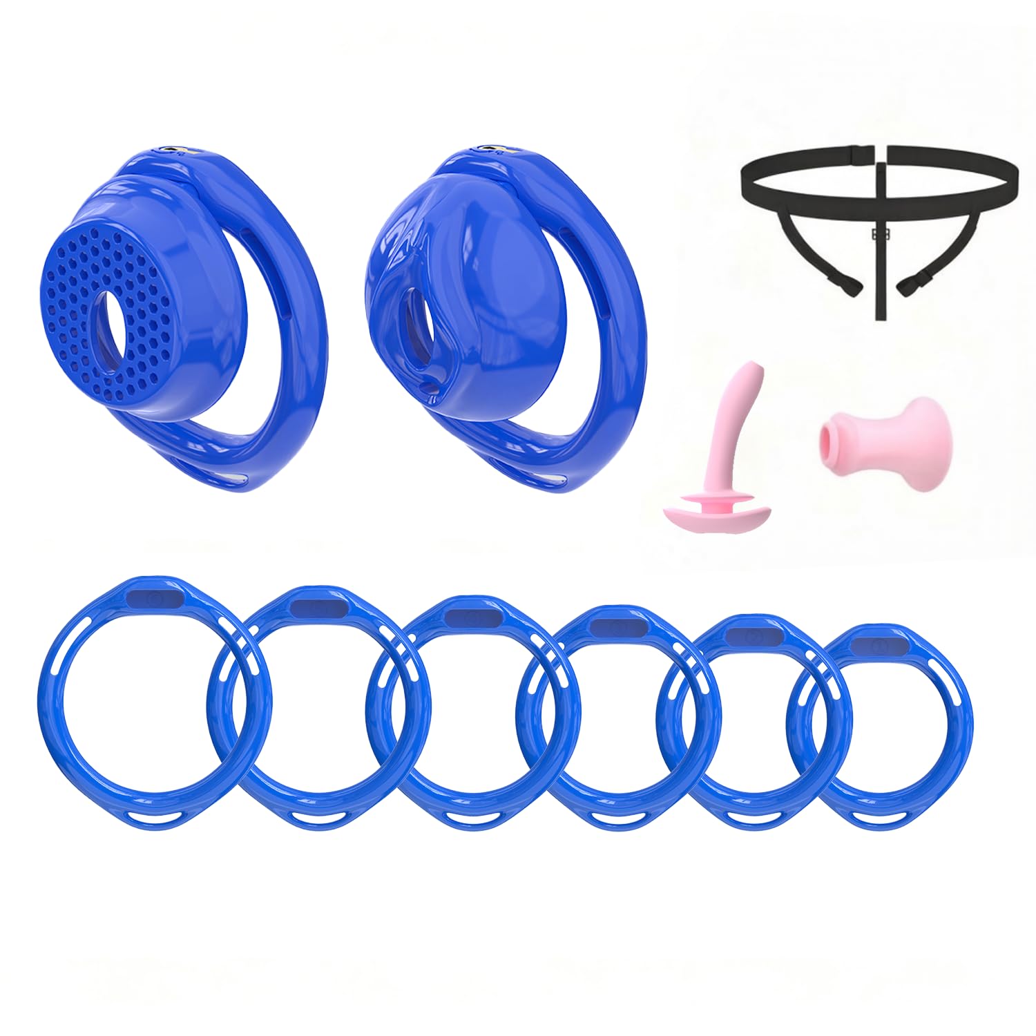 Klein Blue Male Flat Chastity Cage 2-Piece Set with 6 Size Rings