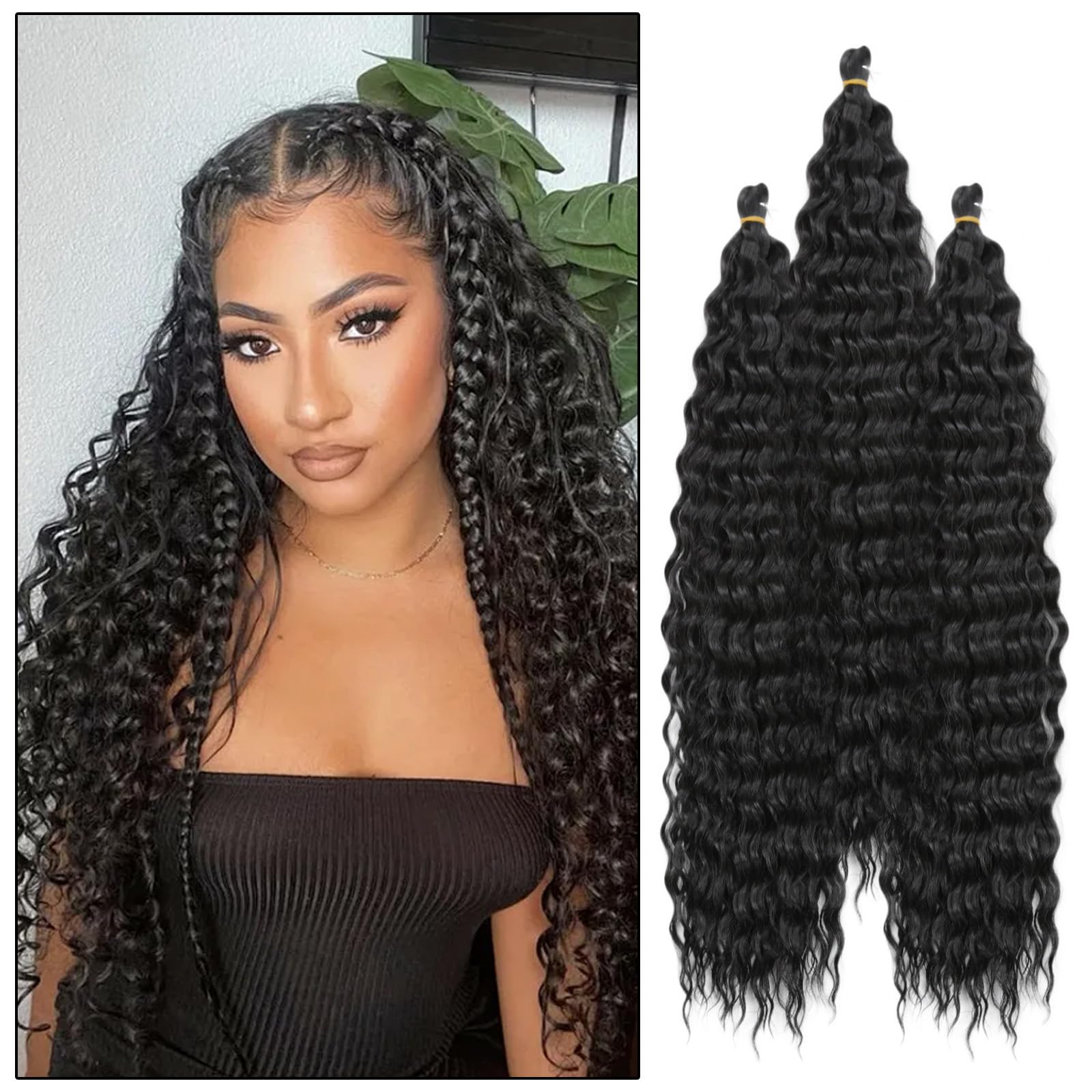 24 Inch 3 Packs Deep Wave Crochet Hair, Soft Ocean Wave Braiding Crochet Hair For Boho Braids,Goddess Box Braid, Twist Crochet Hair Soft Synthetic Deep Wave Curly Braiding Hair Extensions for Women