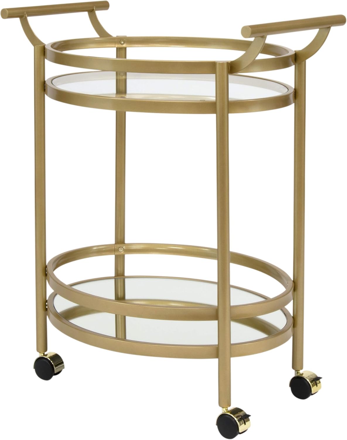 Studio Designs Home Palazzo Modern 2-Tier Oval Metal Rolling Bar, Serving, Utility Mobile Cart with Handles and Spill Guard in Gold/Clear Glass and Mirror, 27" W x 17.5" D x 33.25" H,
