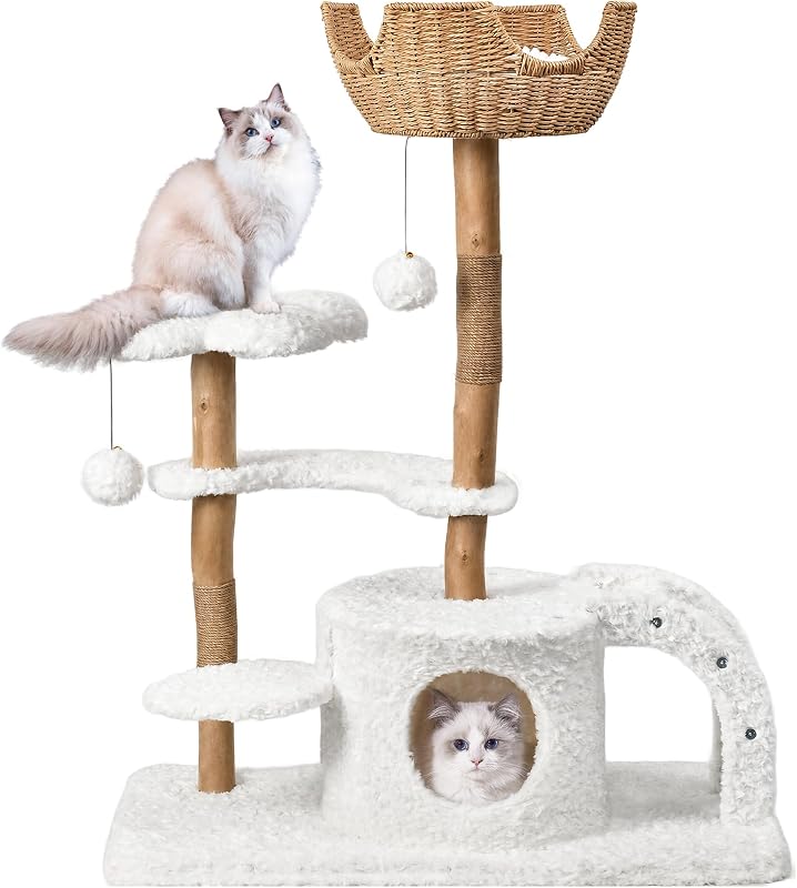Árvore de atividades para gatos Easyego em madeira de pera com arranhadores e plataformas florais, branca, 42,5 x 33 x 66,8 cm