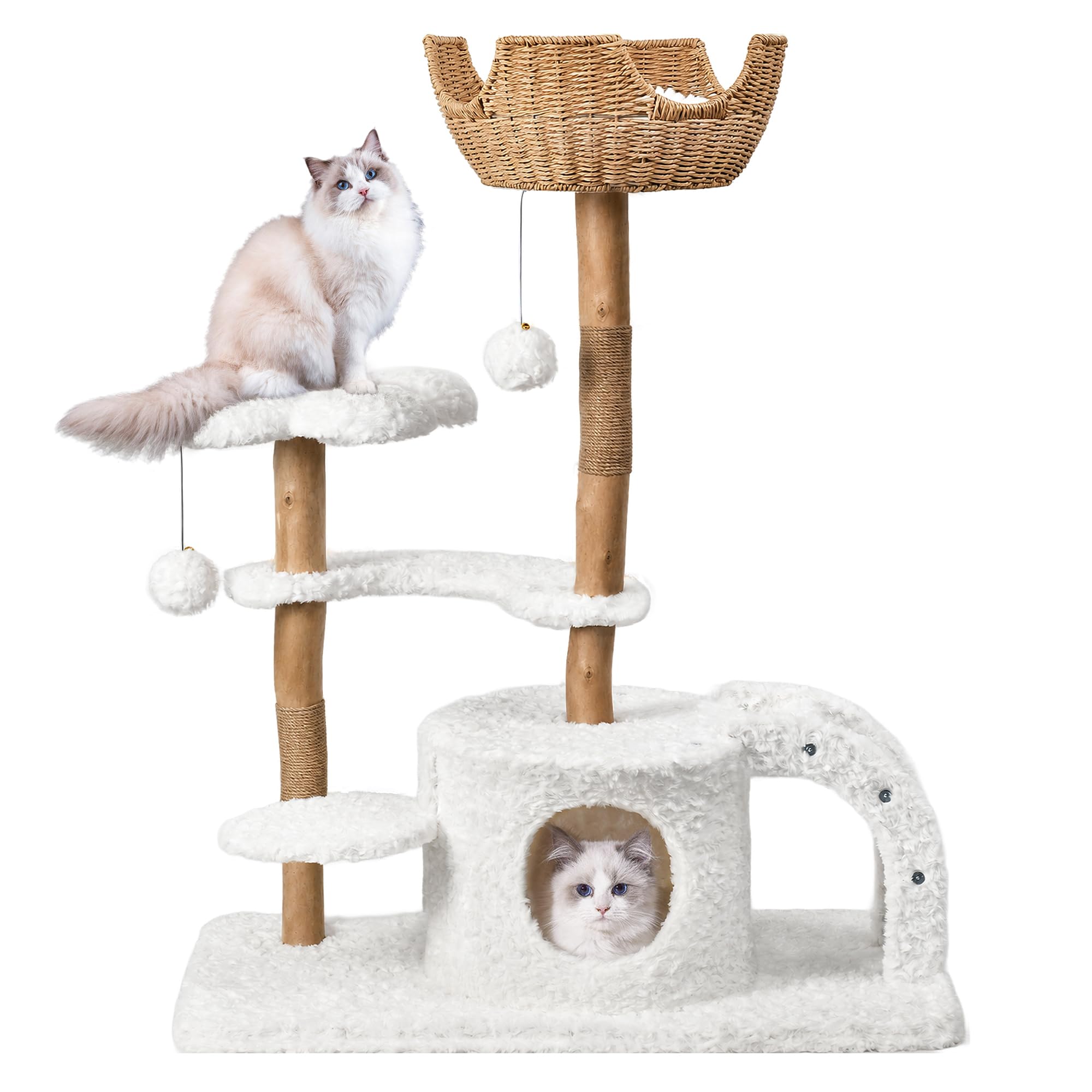 Easyego Modern Cat Tree, 45.6" Aesthetic Wood Cat Tree Tower for Large Cats, Luxury Cat Condo with Scratching Posts and Flower Platforms, Cat Furniture, White