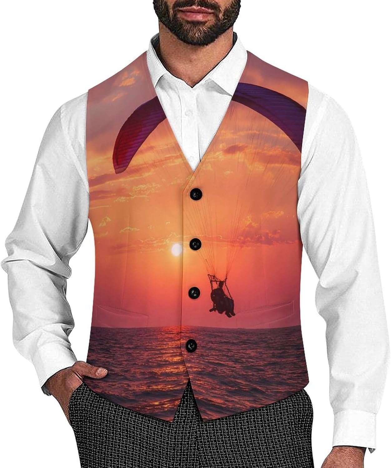 Skydiving Red Sunset Sea Men's Suit Vest Formal Vests Casual Dress Fit Waistcoat Casual Tuxedo for Business