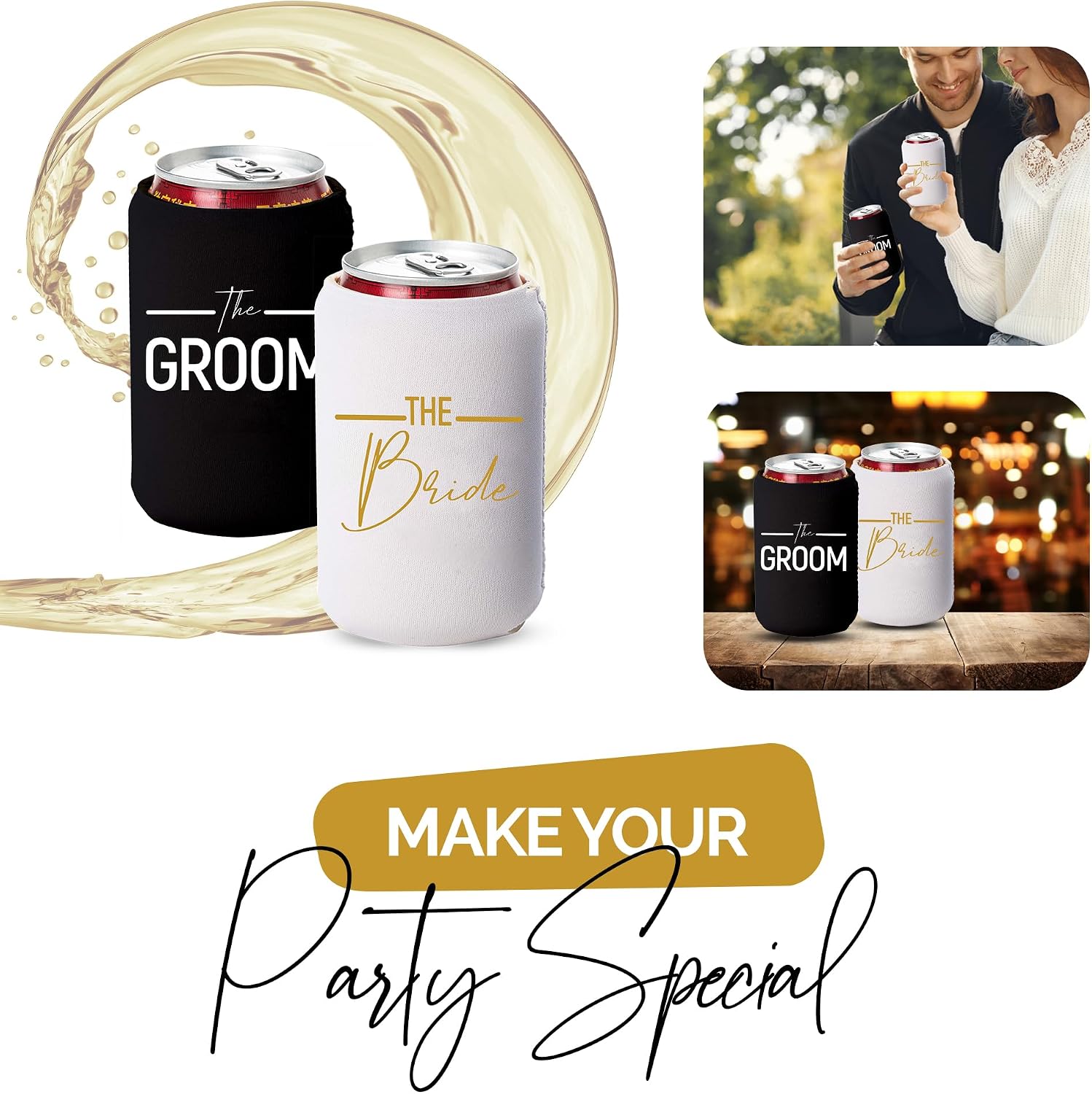 Bride and Groom Can Coolers - 1 White and 1 Black Beer Coolie, Perfect Wedding, Engagement, or Bridal Shower Gift
