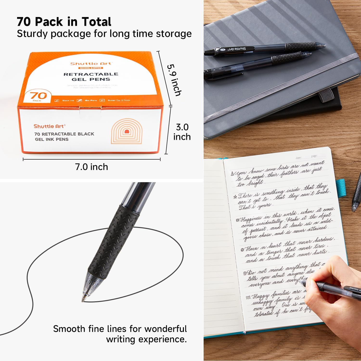 Shuttle Art Black Gel Pens, 70 Pack Retractable Medium Point Rollerball Gel Ink Pens Smooth Writing with Comfortable Grip for Office School Home Work - Image 3