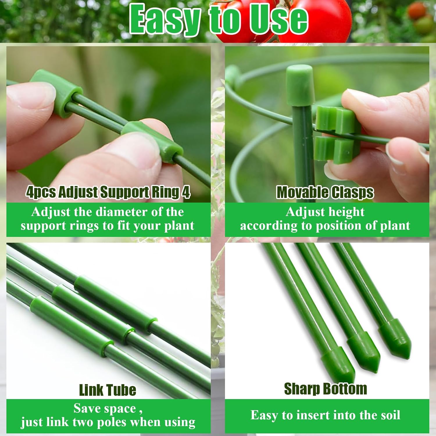 Legigo 6 Pack 36 Inch Plant Support Cages Tomato Cage for Garden- Plant Cages Adjustable Rings, Tomato Plant Support Stakes Trellis for Pots, Peppers, Cucumbers and Flowers with 10 Plant Clips