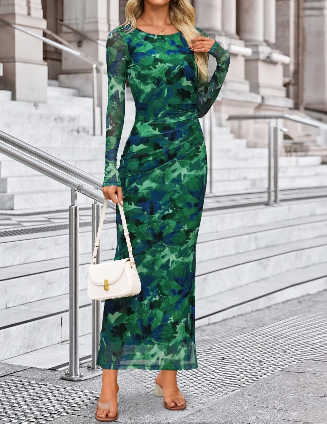 ZESICA Women's Long Sleeve Floral Maxi Dresses 2026 Fall Bodycon Crewneck Side Slit Ruched Fitted Party Long Dress - Image 3