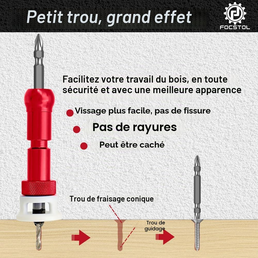 FOCSTOL Foret avec Fraisoir Contre-alésage - 5 Pièces 3,2/3,6/4/4,4/4,8mm Jeu de Foret à Fraise Bois de Profondeur Réglable à 82 Degrés avec Queue Hexagonale 6,35mm pour Bois Plastique