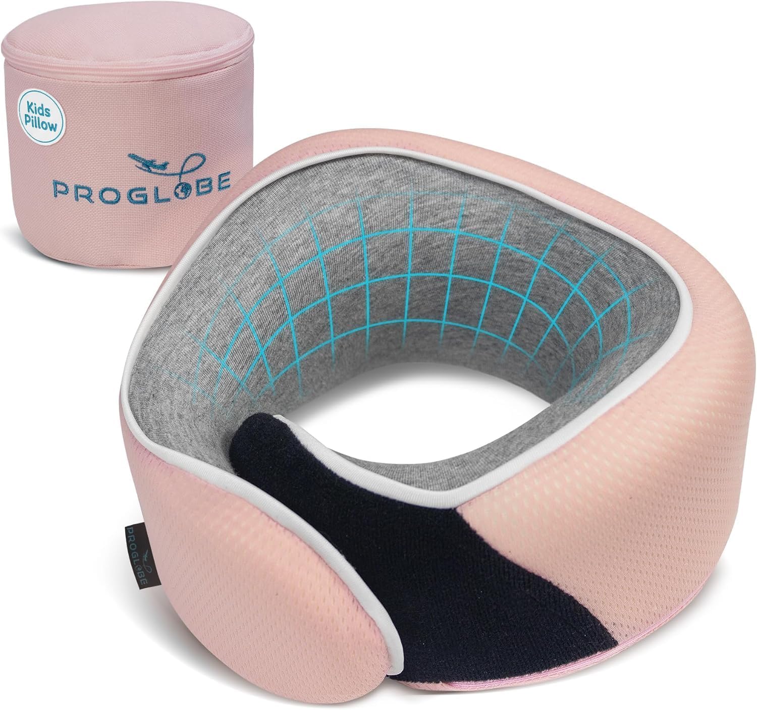 Proglobe Junior Kids Travel Neck Pillow - Ergonomic Memory Foam Pillow for Airplane, Car, Booster Seat - Soft, Washable, Compact Travel Pillow with Strap - Light Pink - Ages 4-13